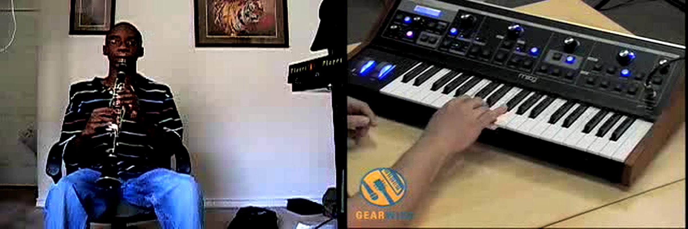 Image split into two halves. The left shows a person in a striped top and jeans sat down playing a clarinet. On the right, we see a keyboard from above with hands playing the keys