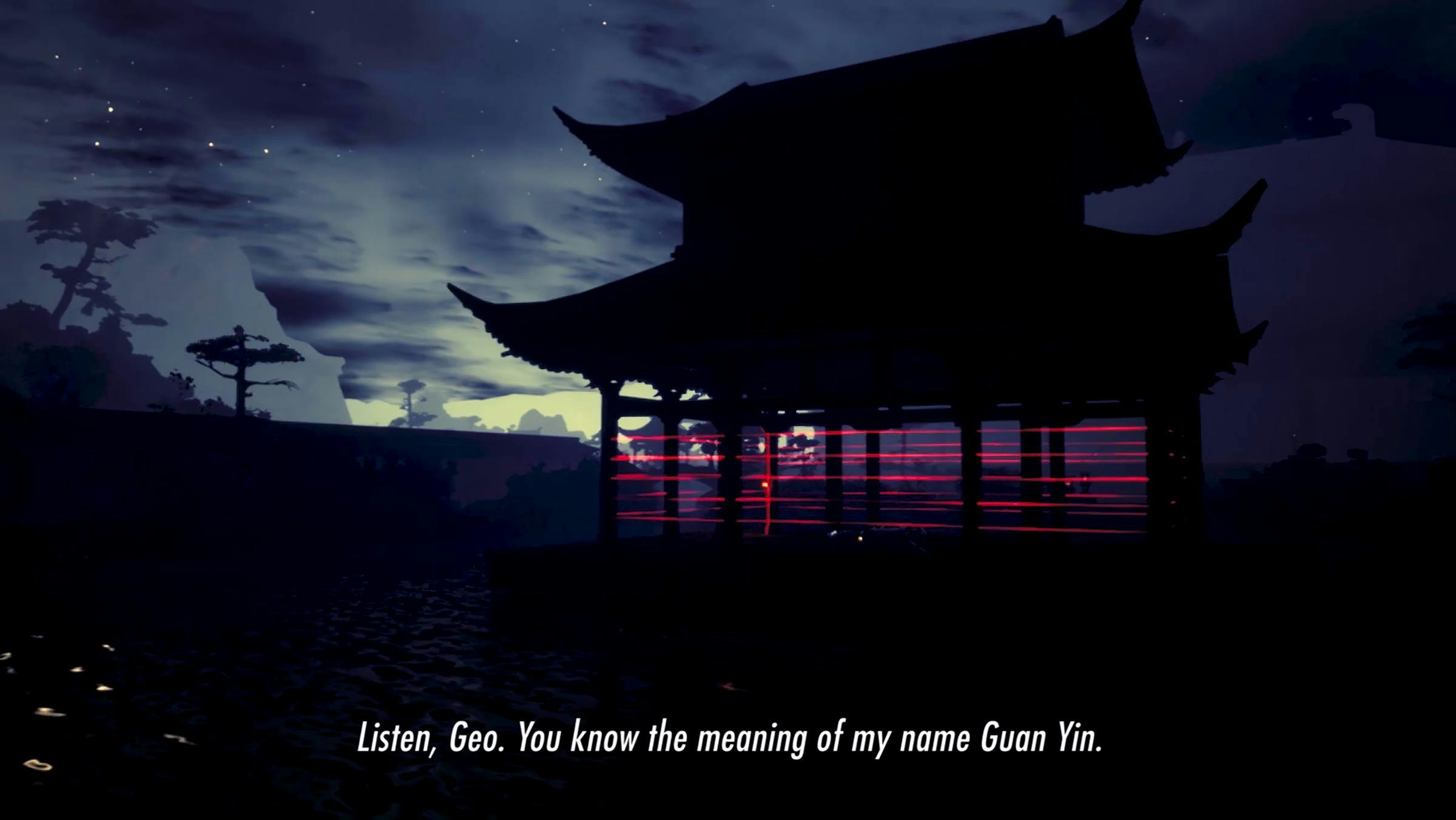 Image of a building where the ground floor level is made up of red lazers lines. The building has an ornate roof. The words 'Listen, Geo. You know the meaning of my name Guan Yin.'