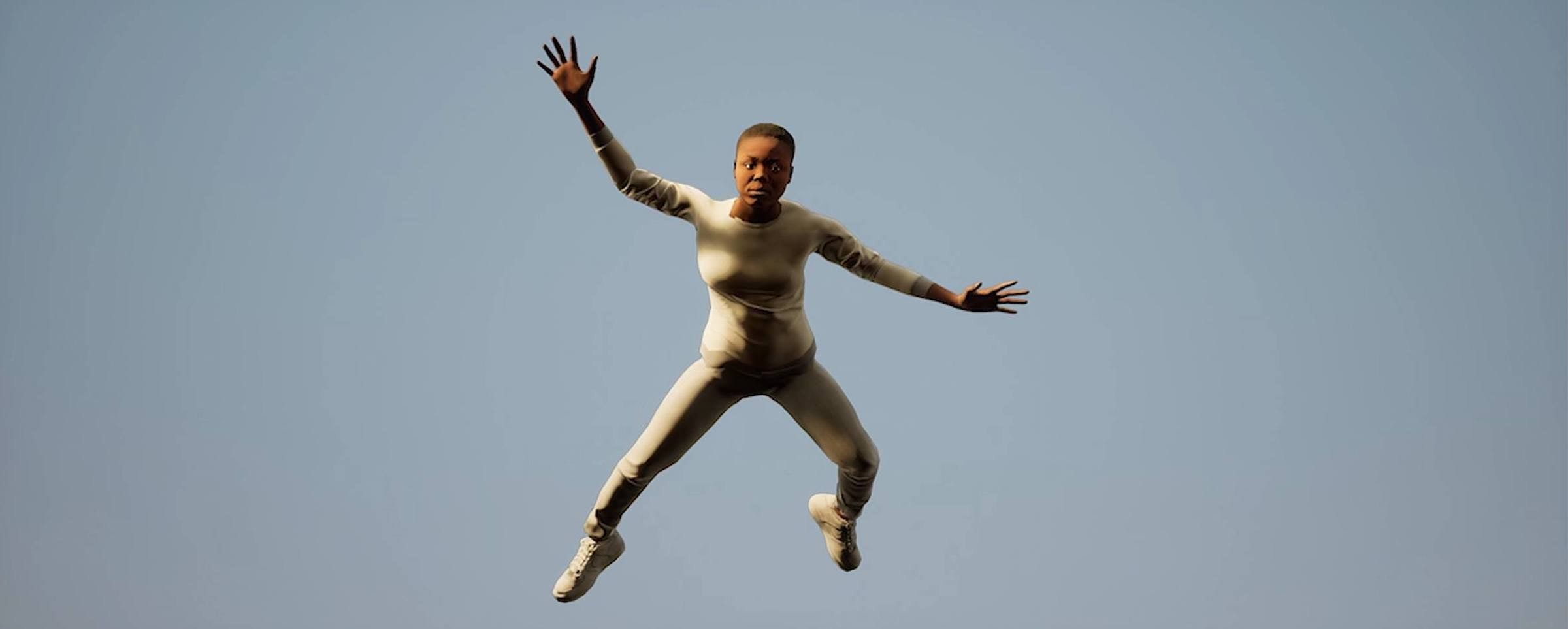 Computer-generated image of a person wearing white clothes free-falling towards the camera with their limbs splayed.
