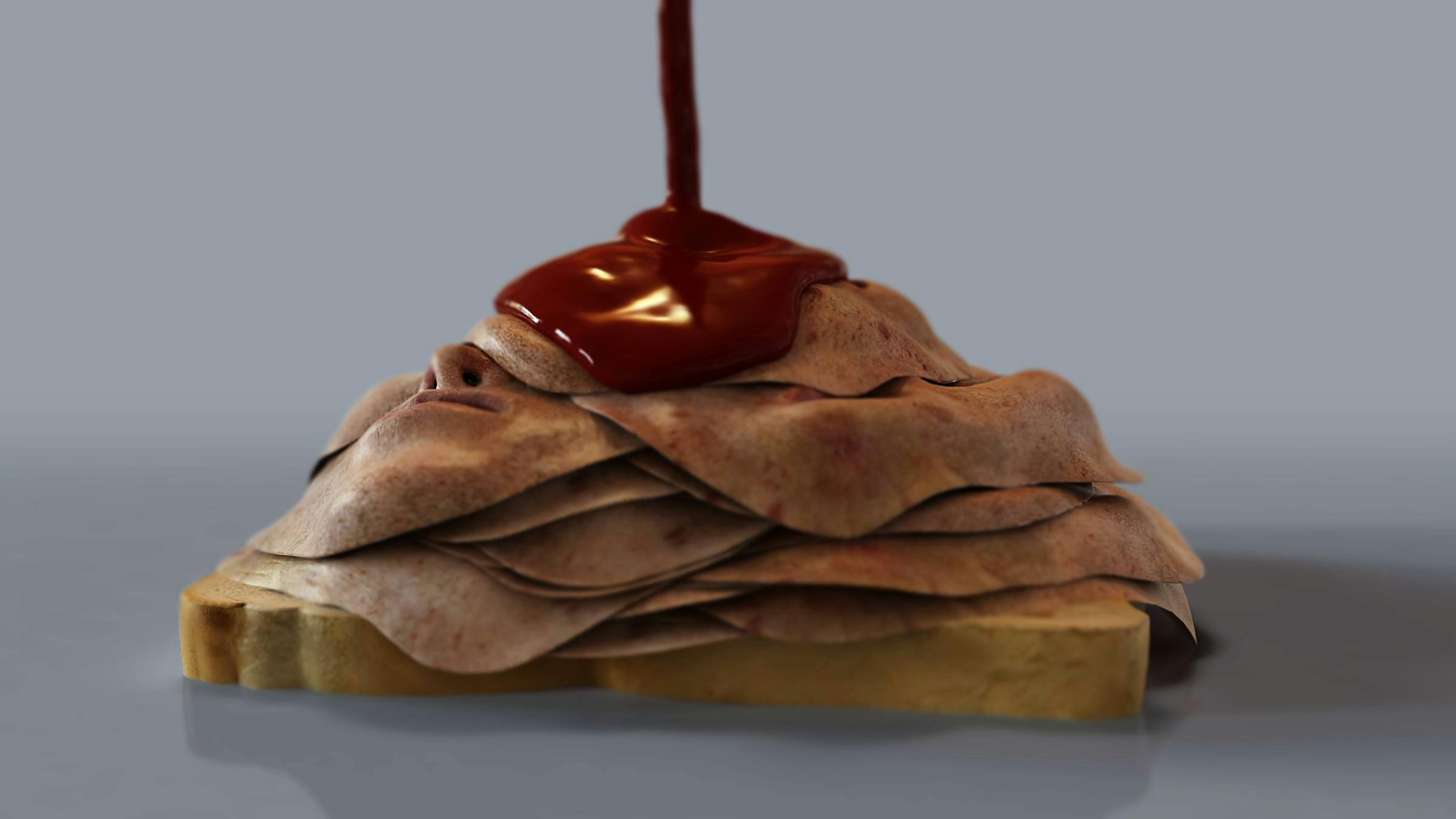 a digitally rendered image of ham piled up on a slice of toast. Ketchup is being squeezed on top of the pile of ham