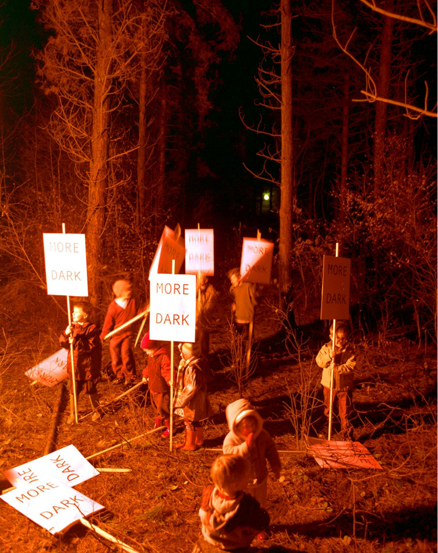 Image of a group of children standing in a clearing in a forest holding protest signs which read 'More dark'.