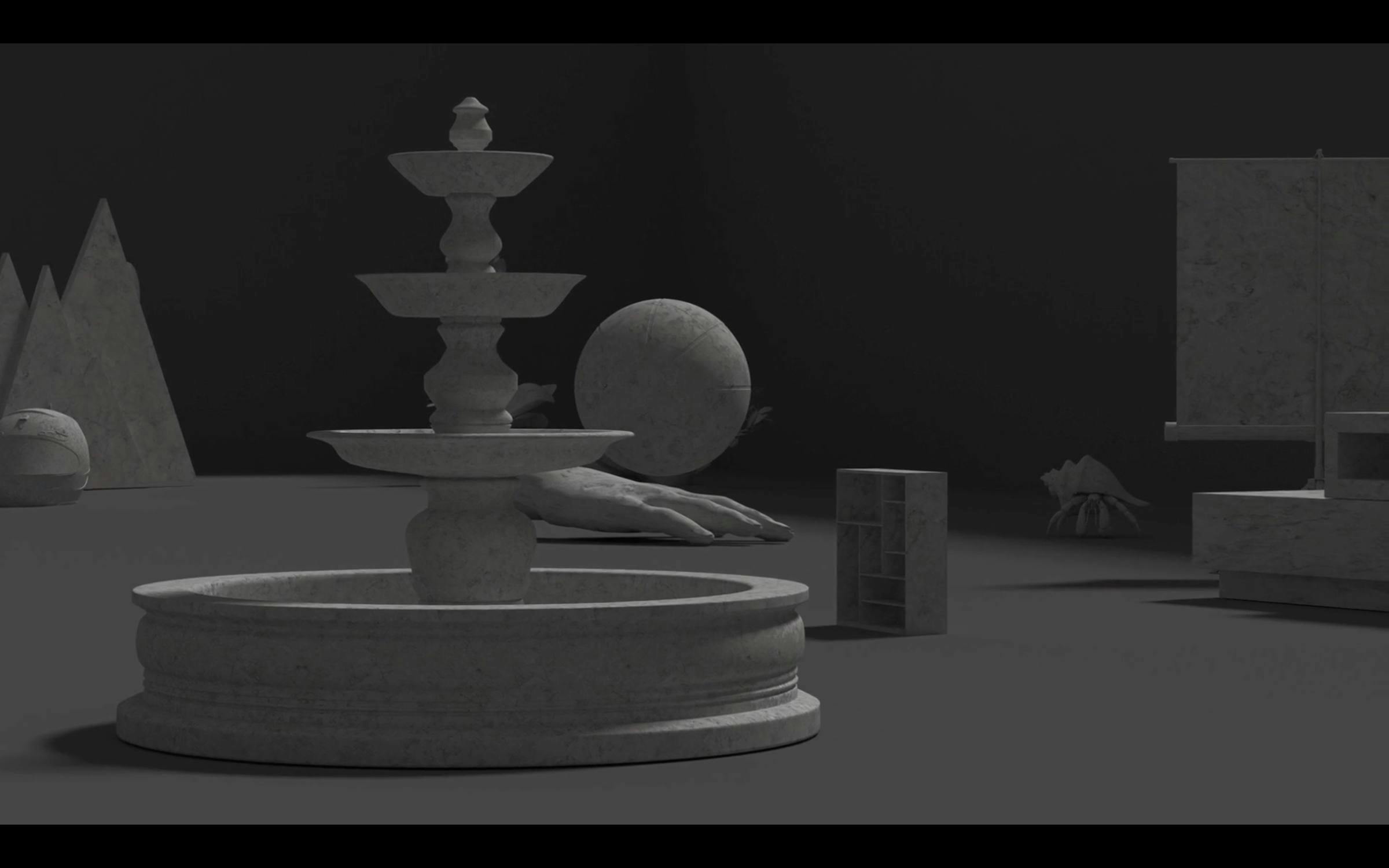 a digitally rendered black and white image of a fountain, pyramid, hand and sphere. There is a surreal element to this image