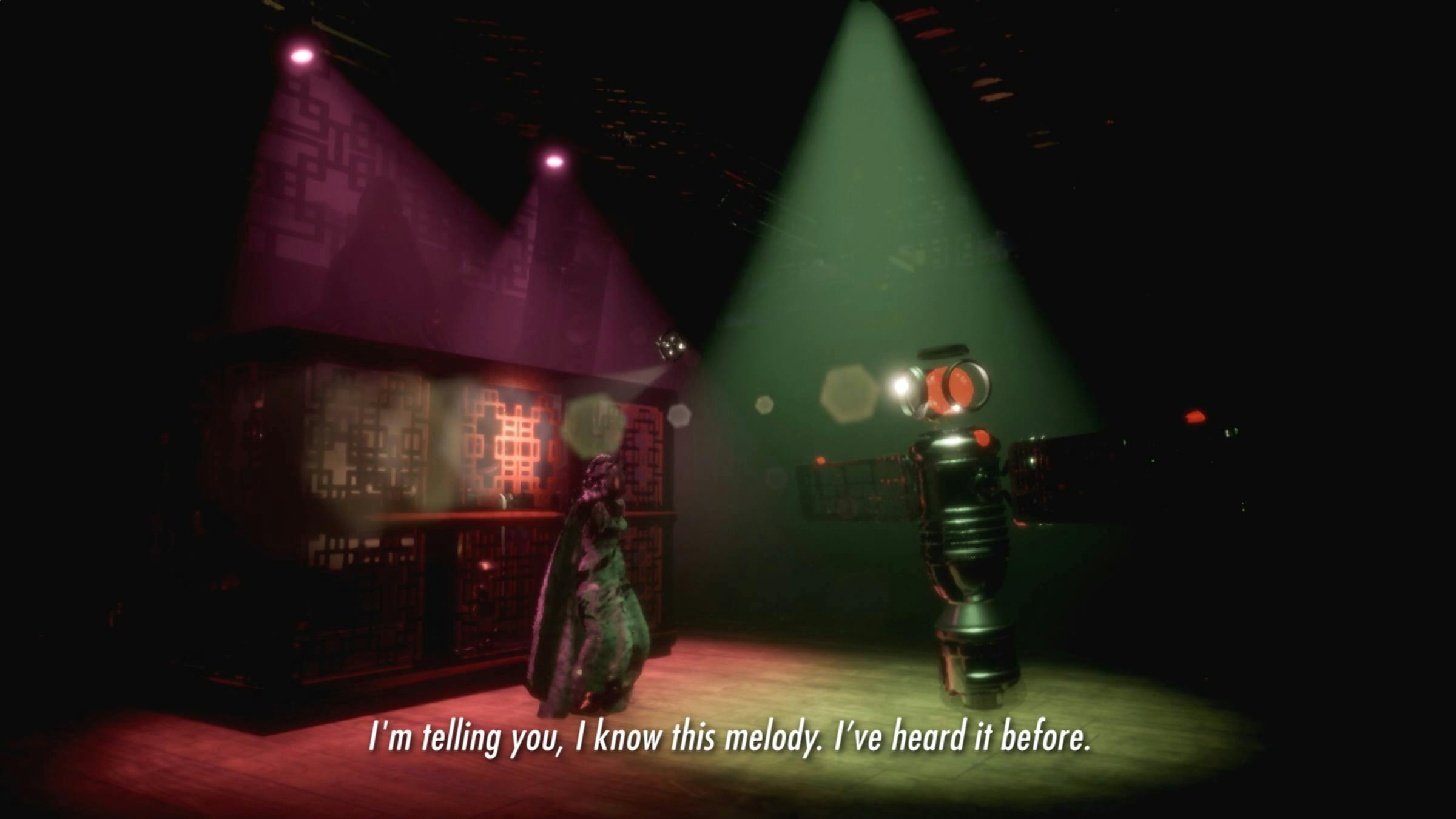 Image of a satellite floating beside a figure in a room lit by pink and green light. The words 'I'm telling you, I know this melody. I've heard it before.' are superimposed on top.