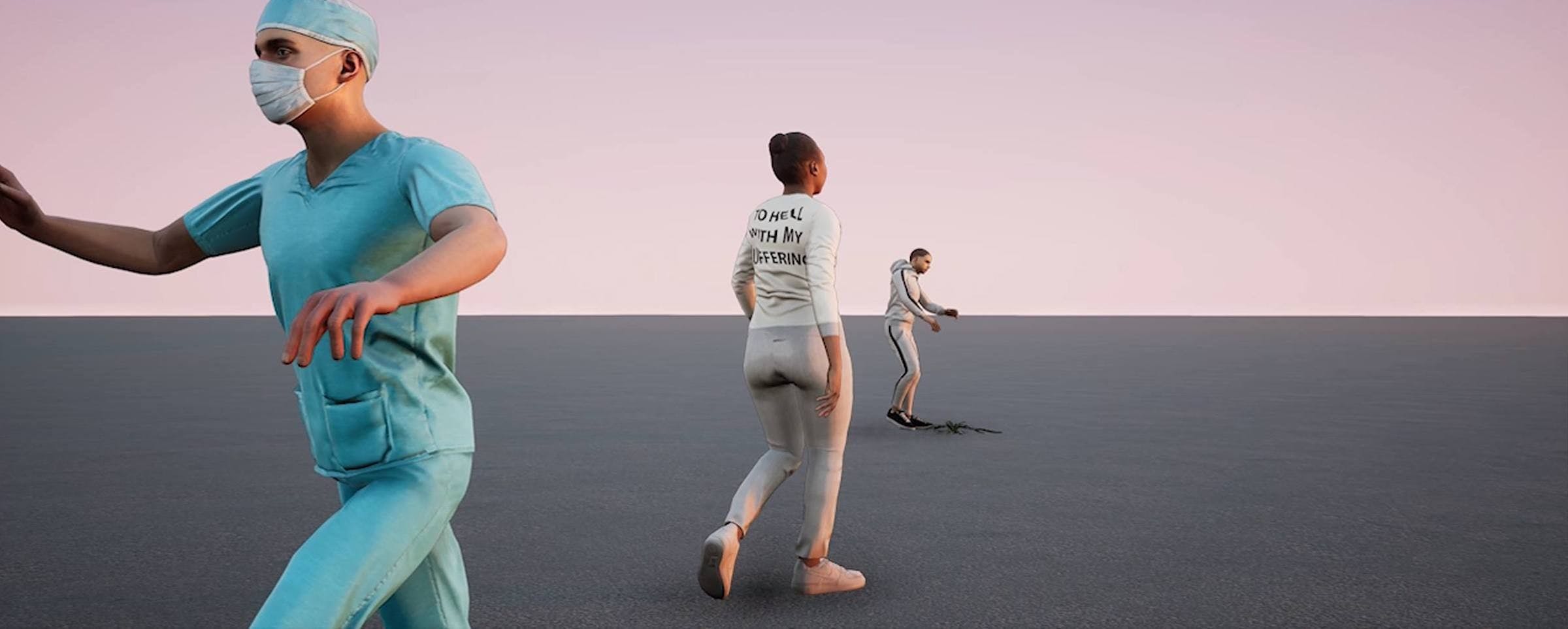 Computer-generated image of three figures walking through a blank space. One is dressed as a surgeon and the other two are dressed wearing casual clothes.