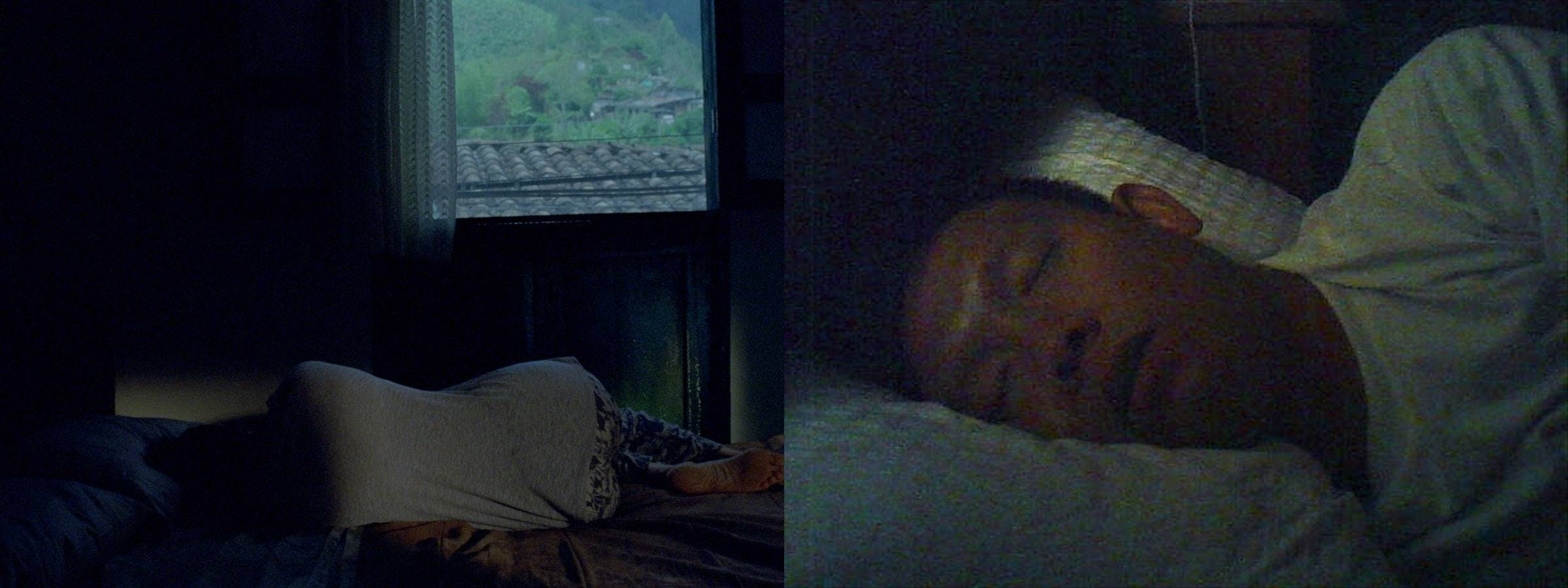 A split screen projection. On the left we can see a person sleeping with their back to us, on the right we can see another person sleeping