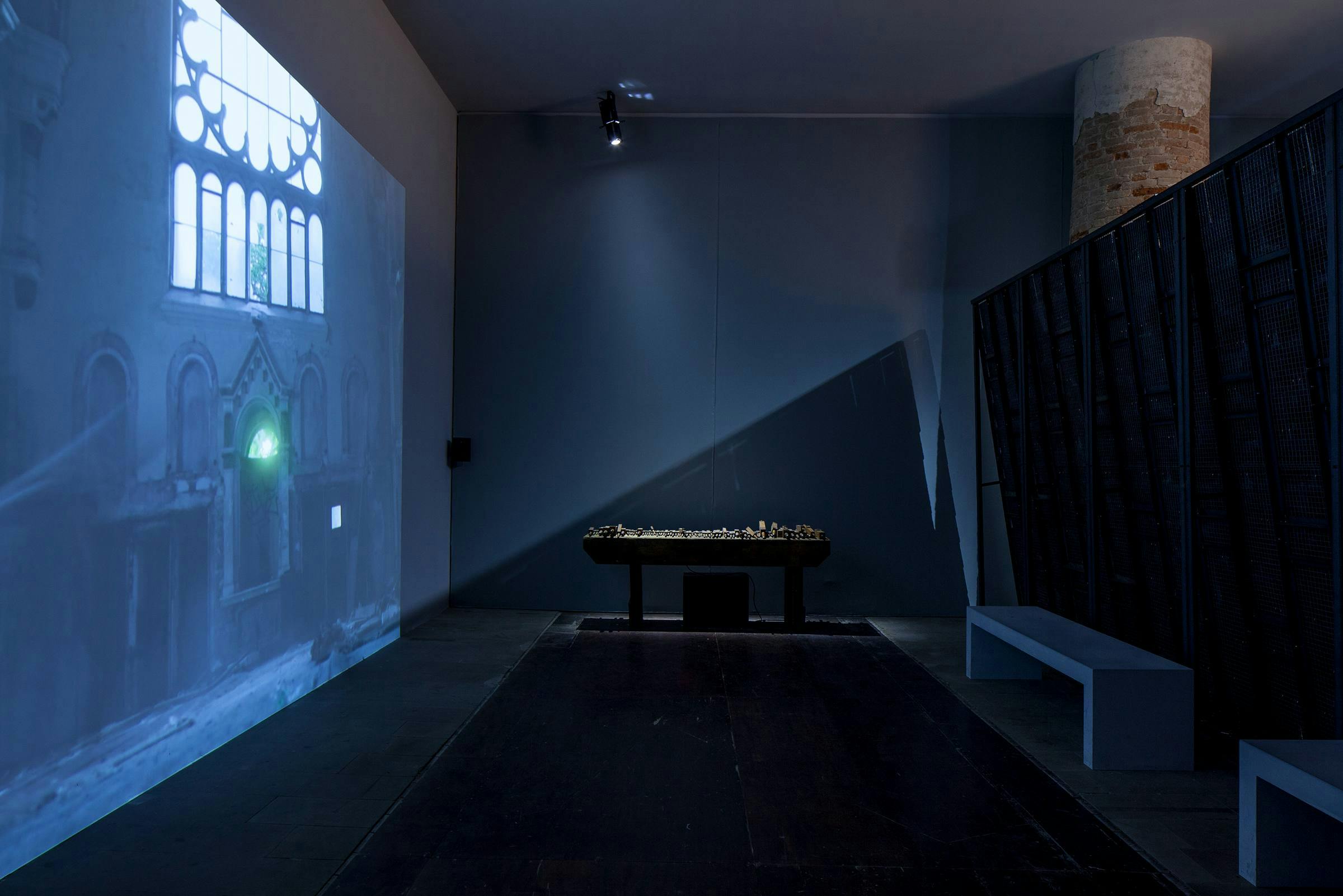 Installation view, Theaster Gates, Gone are the Days of Shelter and Martyr from 56th Venice Viennale, All the World's Futures, 9 May - 22 November 2015, Venice, Italy. Here we can see the beam of light the projector throws onto the wall