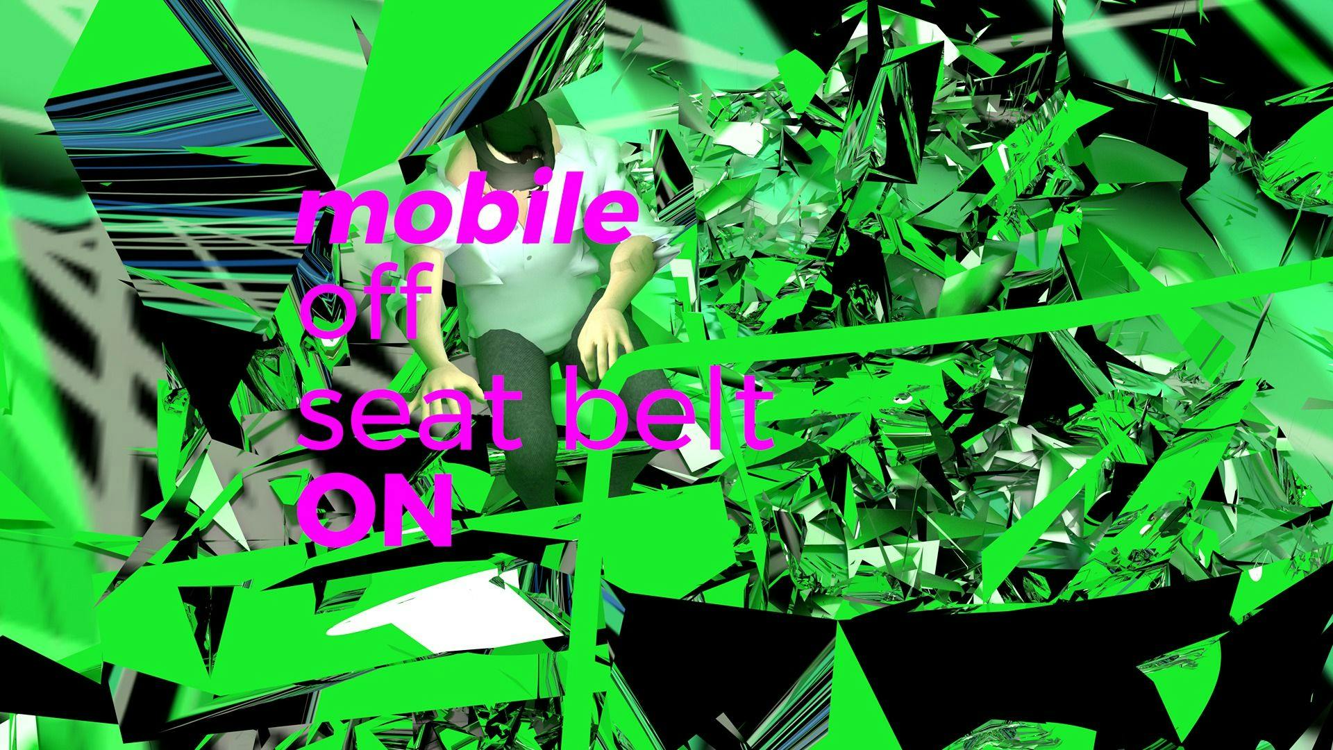 a still image of the video The highway is like a lion's mouth. Pink text that says mobile off seat belt ON float above a figure wearing a balaclava. The background is composed of green shapes. The image is a digital animation