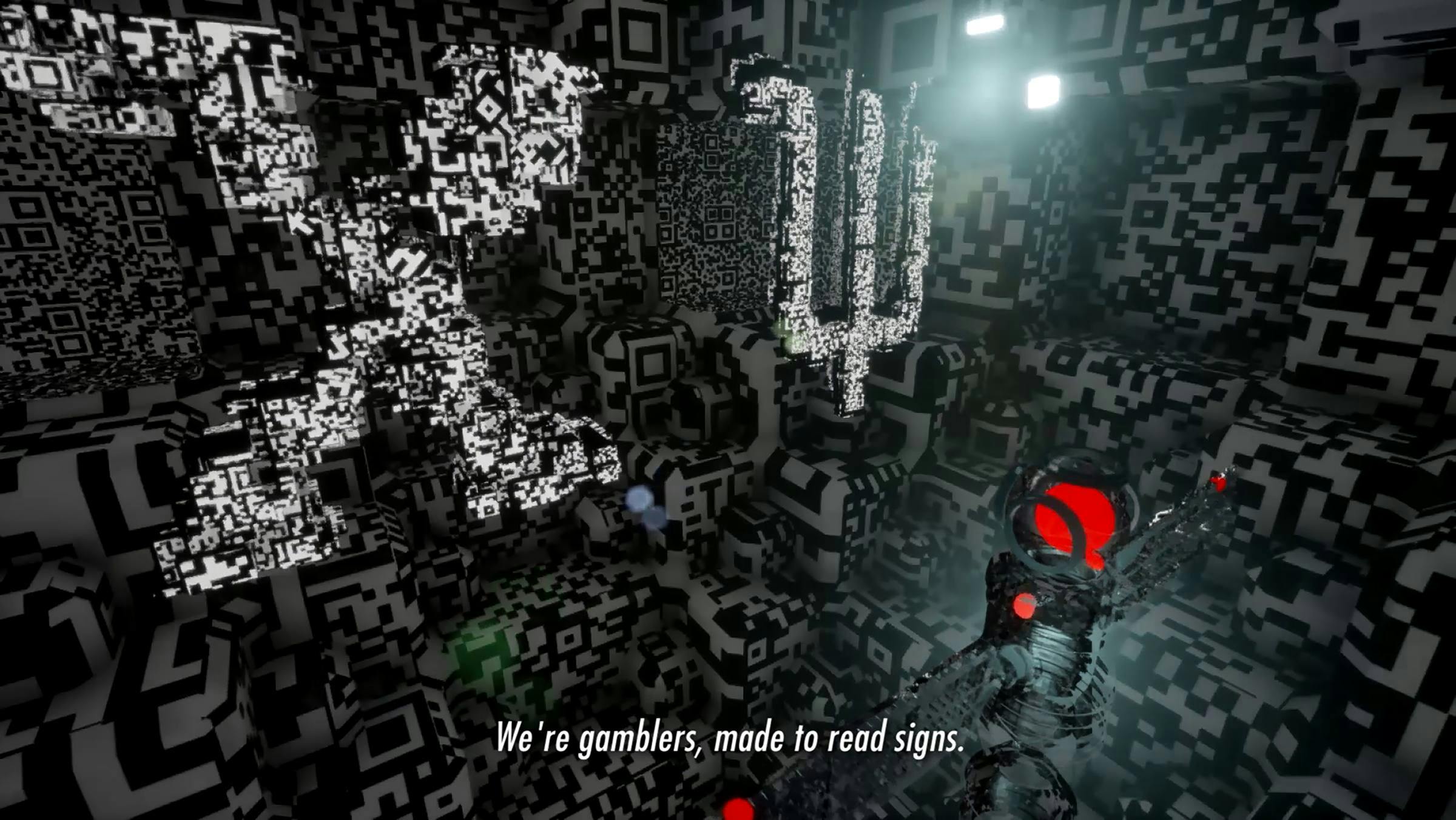 Computer generated image of a VR space made up of shapes and QR code patterns. A gun stretches out from the position of the camera, as if in a VR game. The words 'We're gamblers, made to read signs' are superimposed on top.
