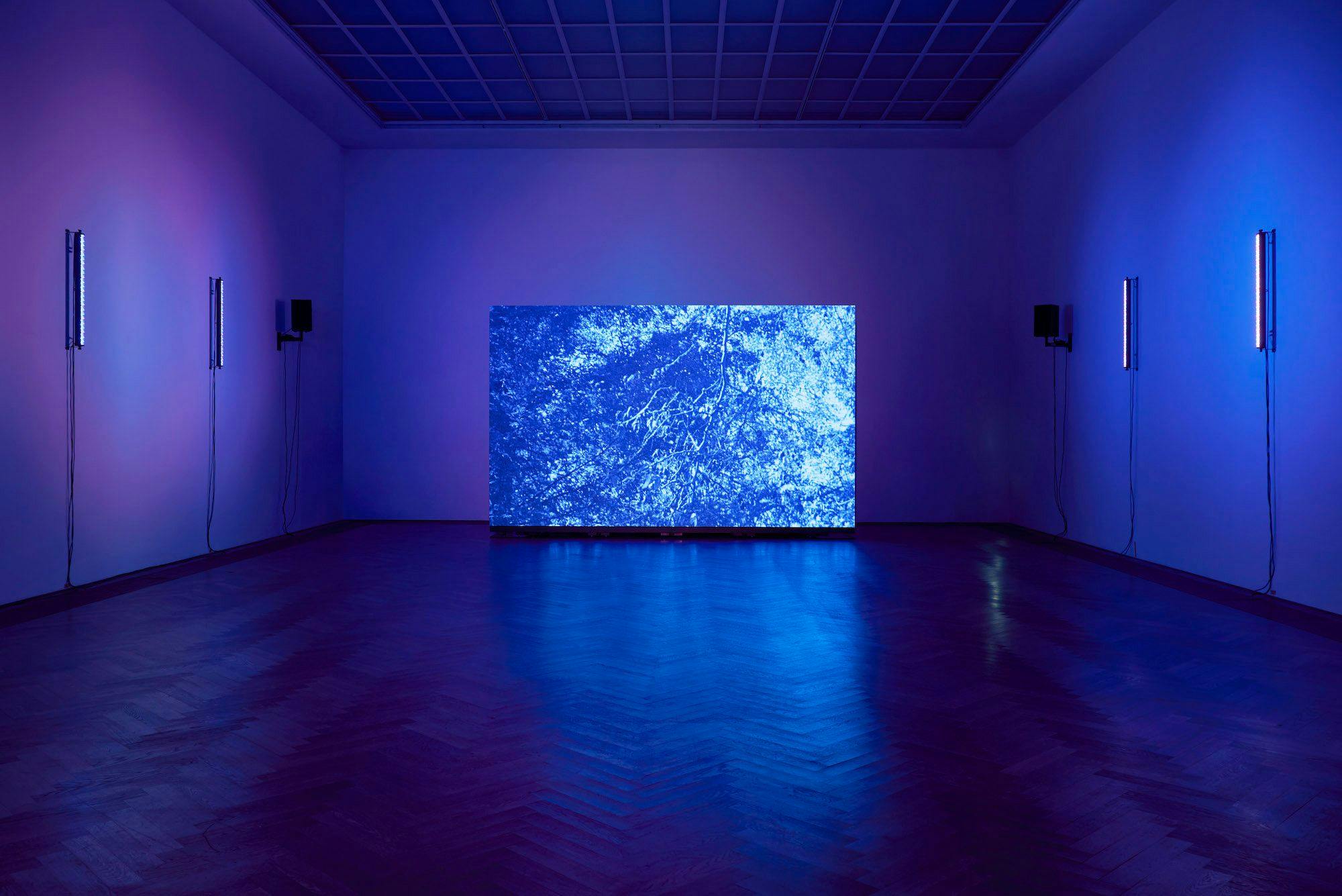 Gallery space with blue, purple glow. Two blue neon lights are fixed to walls on either side and a large blue glowing canvas is in the centre.