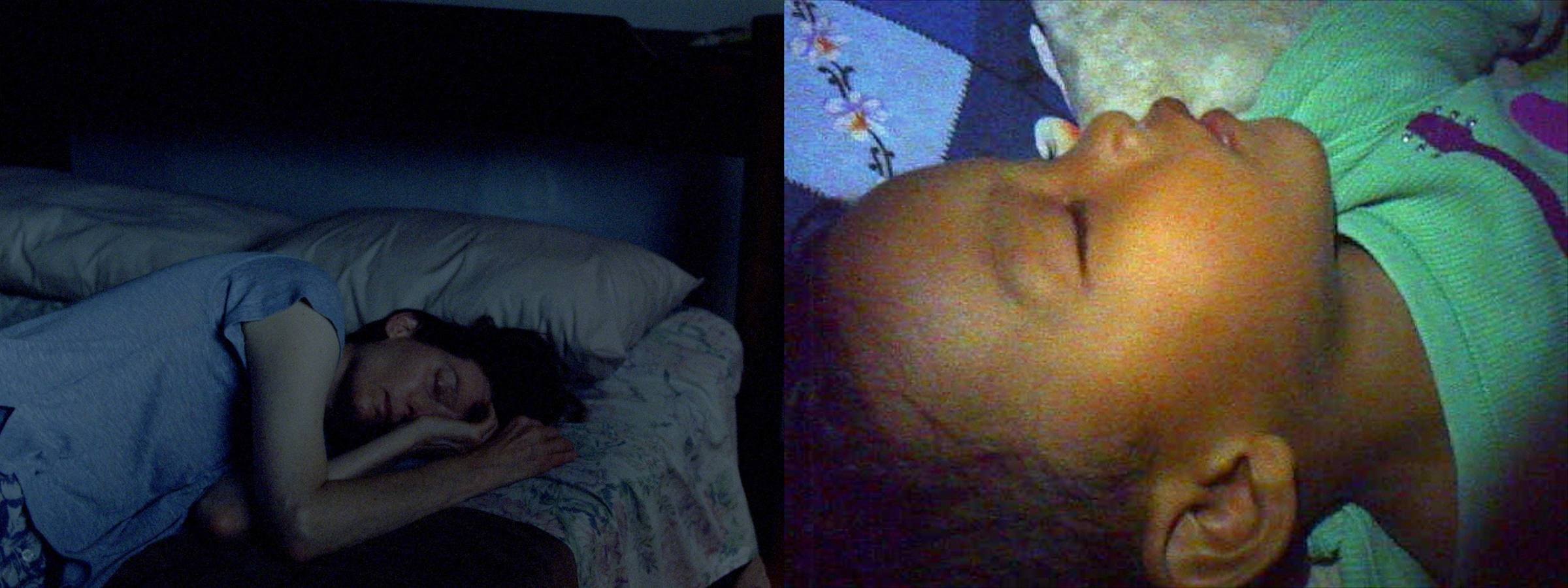 A split screen projection. On the left we can see a person sleeping, on the right we can see a child sleeping