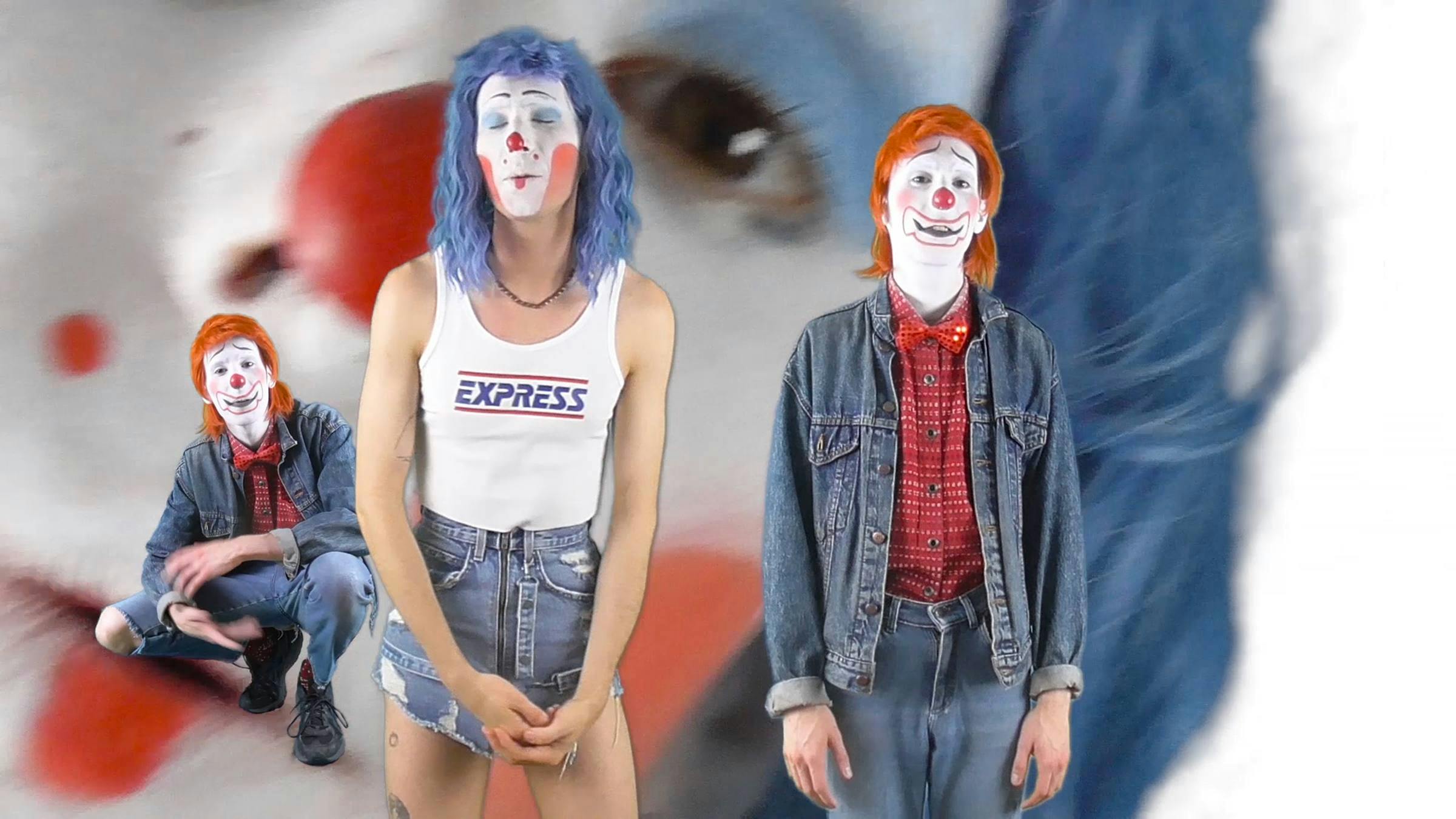 Image of three figures looking at the camera wearing clown-like make up. Two of the figures look the same. In the background is a blow up detail of one of their faces.