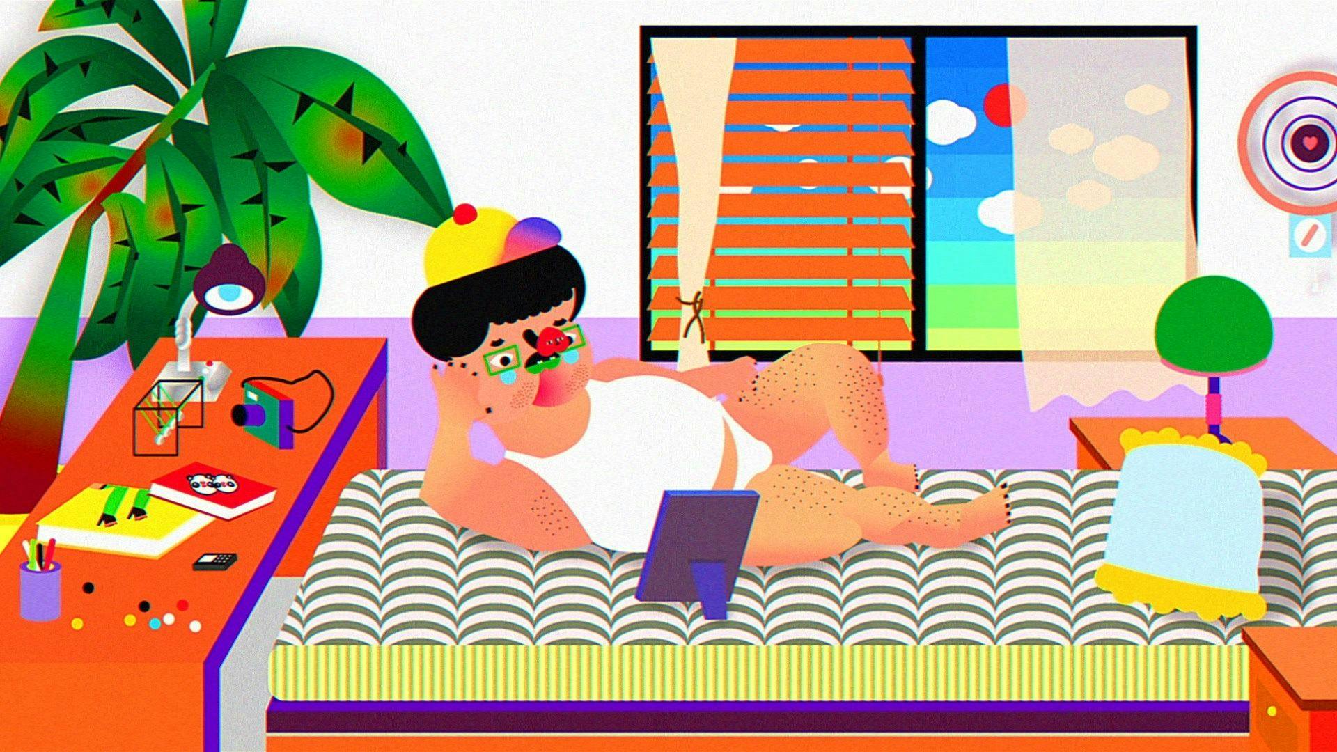 Computer-generated, cartoon-like image of someone lying on a bed in their underwear looking a photoframe. The room around them is full of personal items and the window is open.