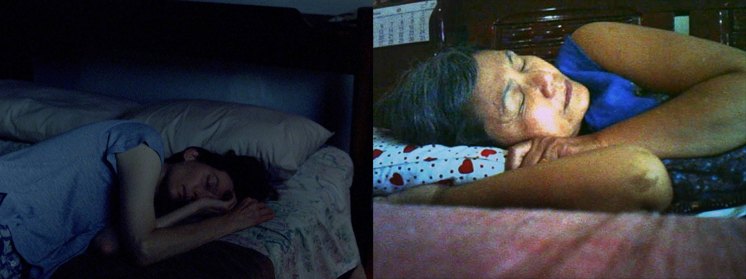 A split screen projection. On the left we can see a person sleeping, on the right we can see an elderly woman sleeping