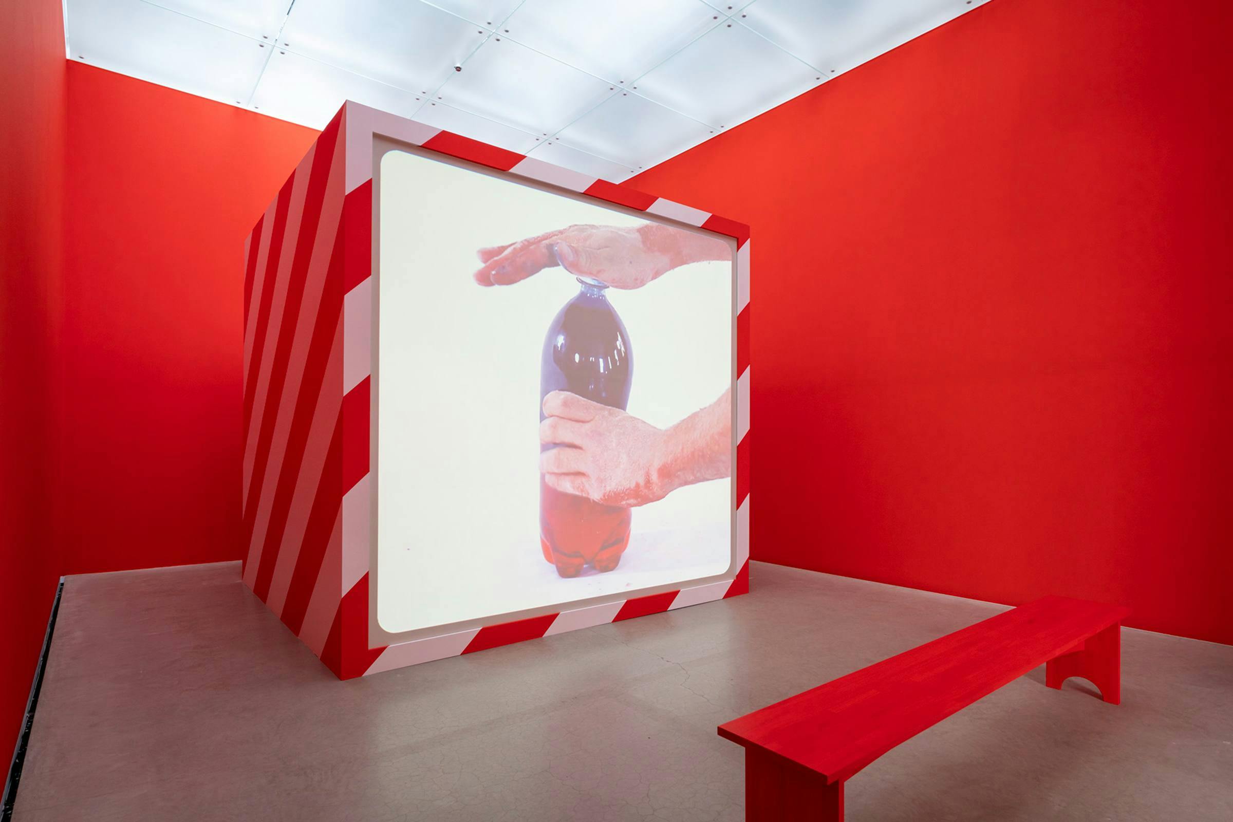 Projection of a deep red bottle. ofliquid being held in a red painted gallery room with a red bench in front of the screen.