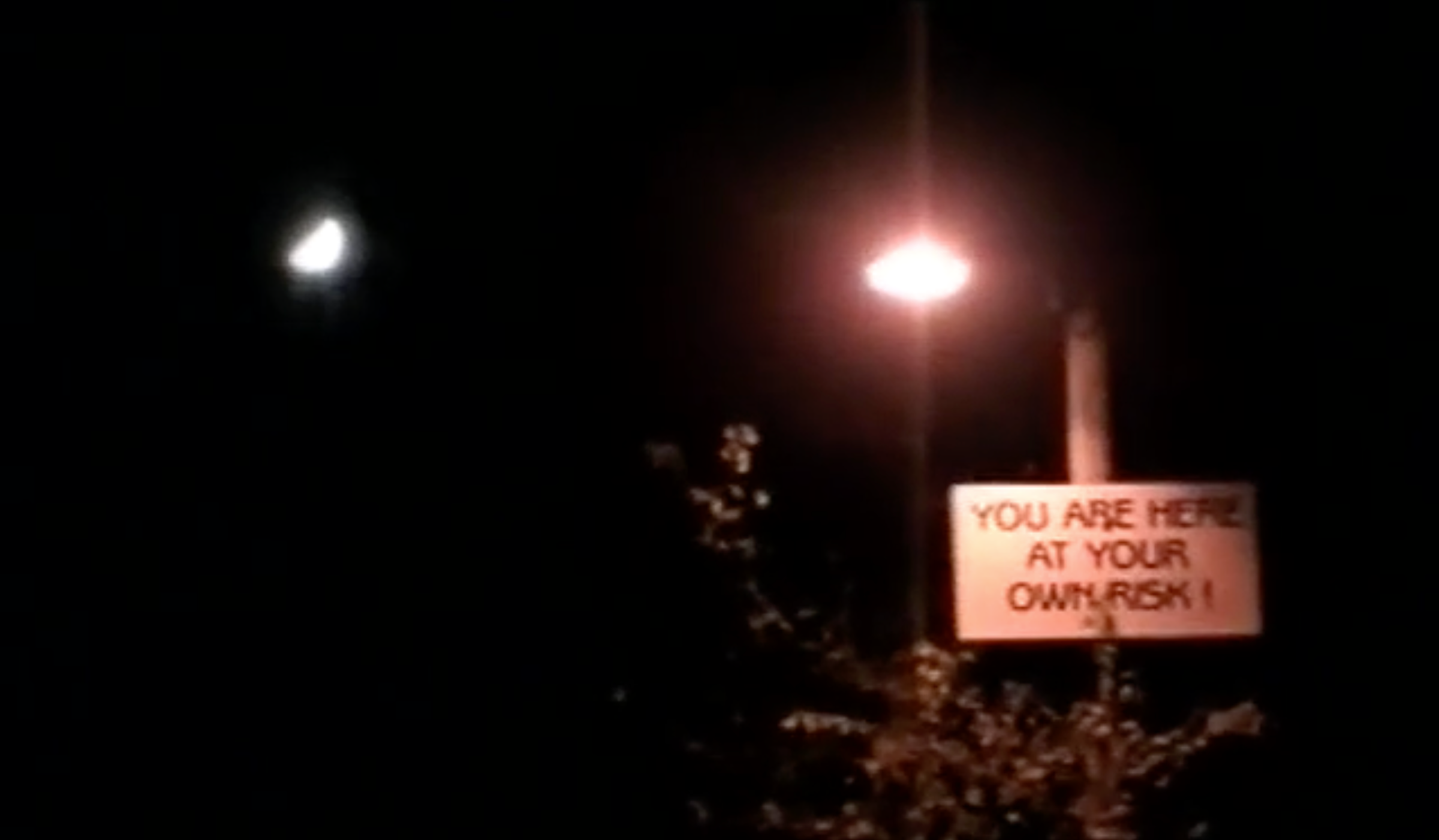Image of a street lamp at night cast against a black night sky with the moon visible. A sign is attached to the street lamp which reads 'You are here at your own risk!'.