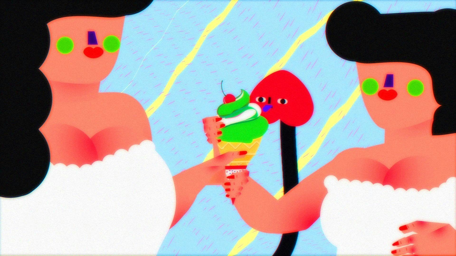 Computer-generated, cartoon-like image of two people sharing a green ice cream with a cherry on top of it. The two people look the same and are wearing white dresses.