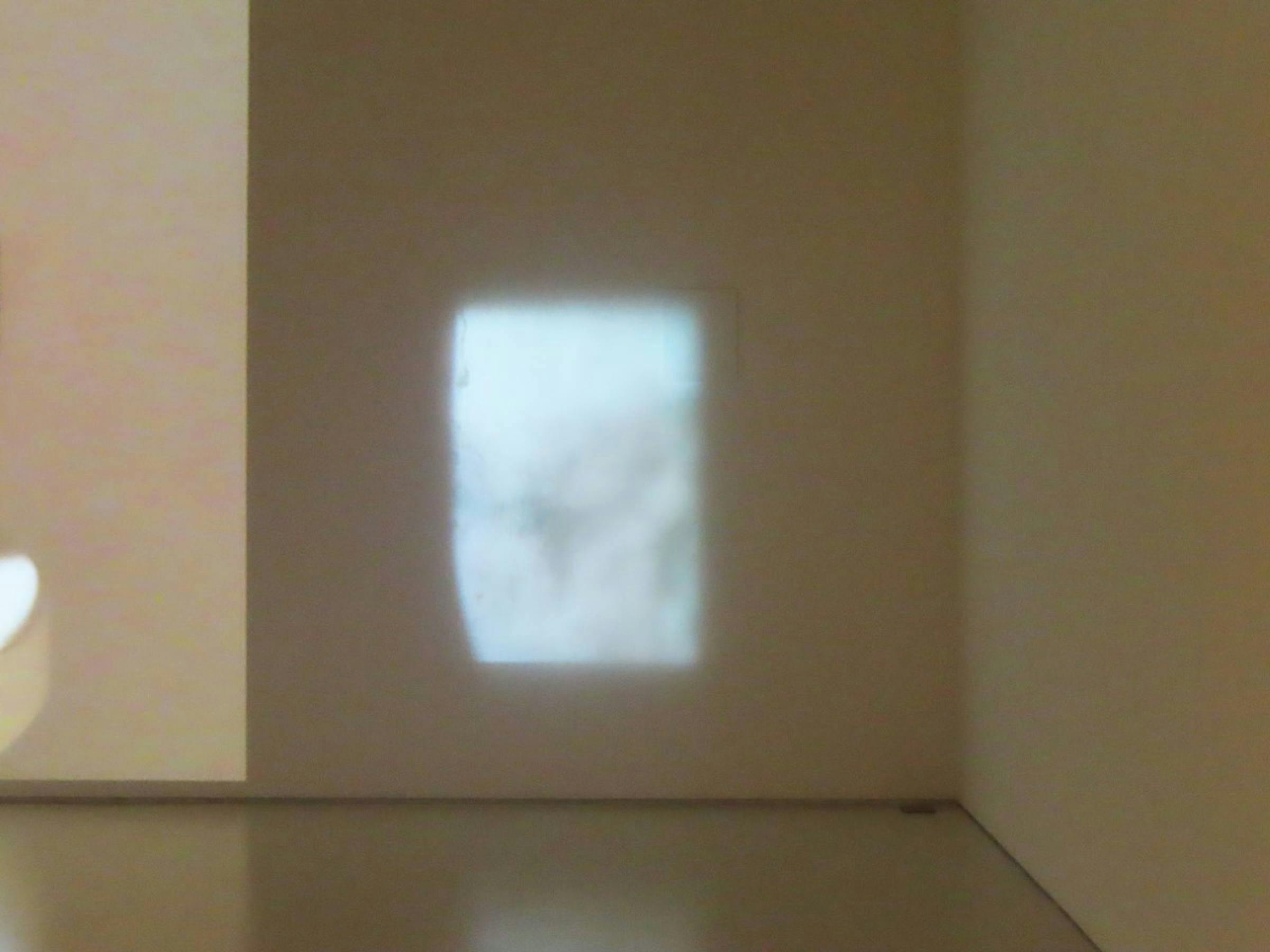 Image of a textured white square projected onto a pale wall in a gallery space.