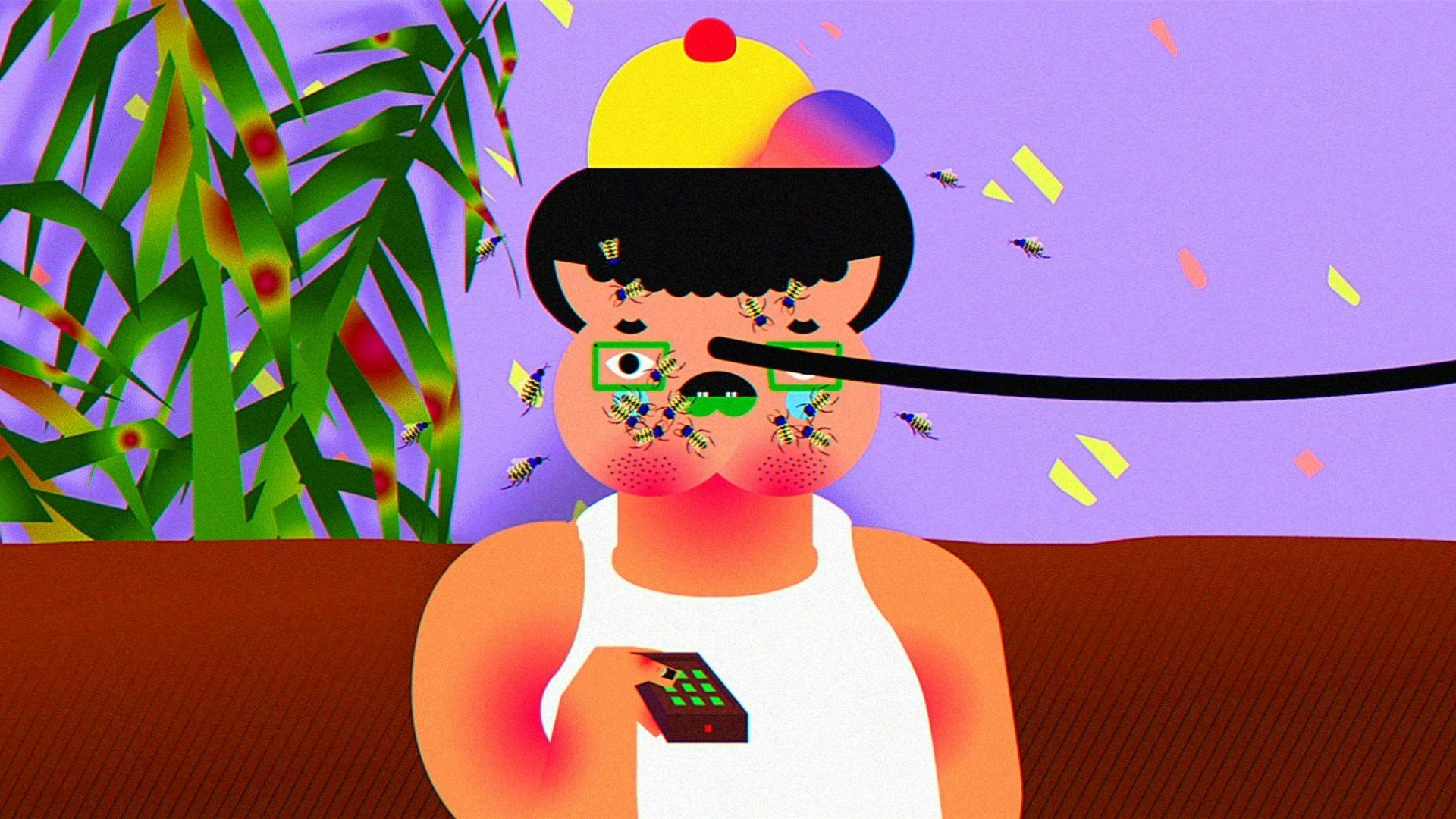 Computer-generated, cartoon-like image of someone sat on a sofa with a TV remote in their hand. Their face has lots of insects landed on it and there is a plant in the background.