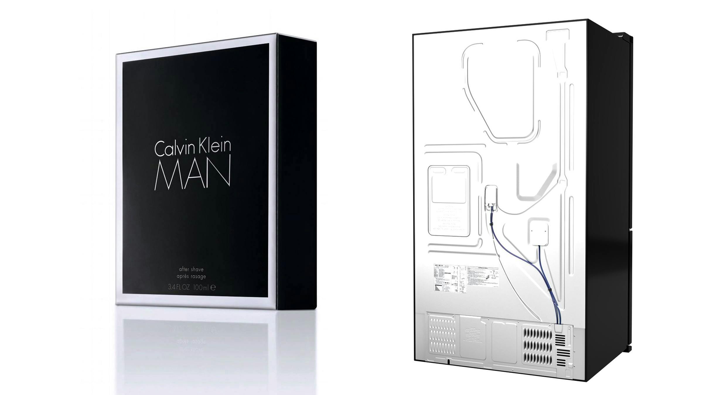 a digitally rendered image of a box of Calvin Klein Man perfume and the back of a fridge. Both a free standing in a white space