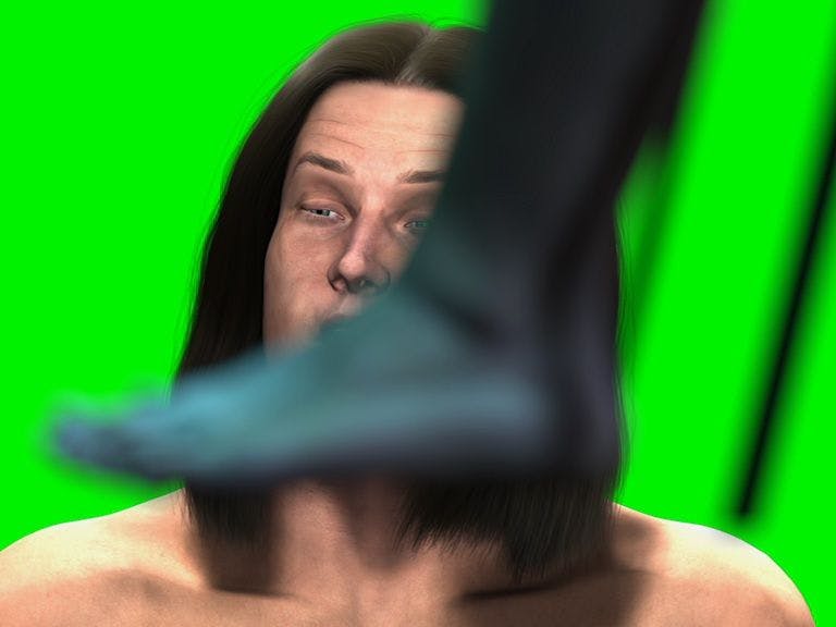 a digitally rendered image of the artist who is shirtless and has long hair. The space behind them in luminous green and a teal coloured foot obscures their face