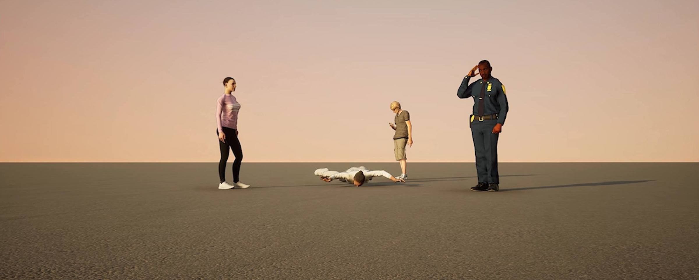 Computer-generated image of four figures in a blank space. One person lies flat on the tarmac and the other three people look on. One of the people standing up is dressed as a police officer.