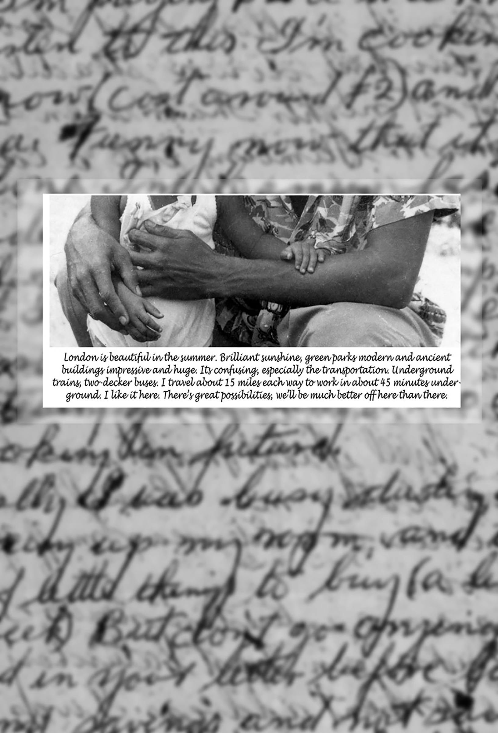 Black and white image of people's arms wrapped around each other with caption written in handwriting. Imposed on top of another image of handwriting.