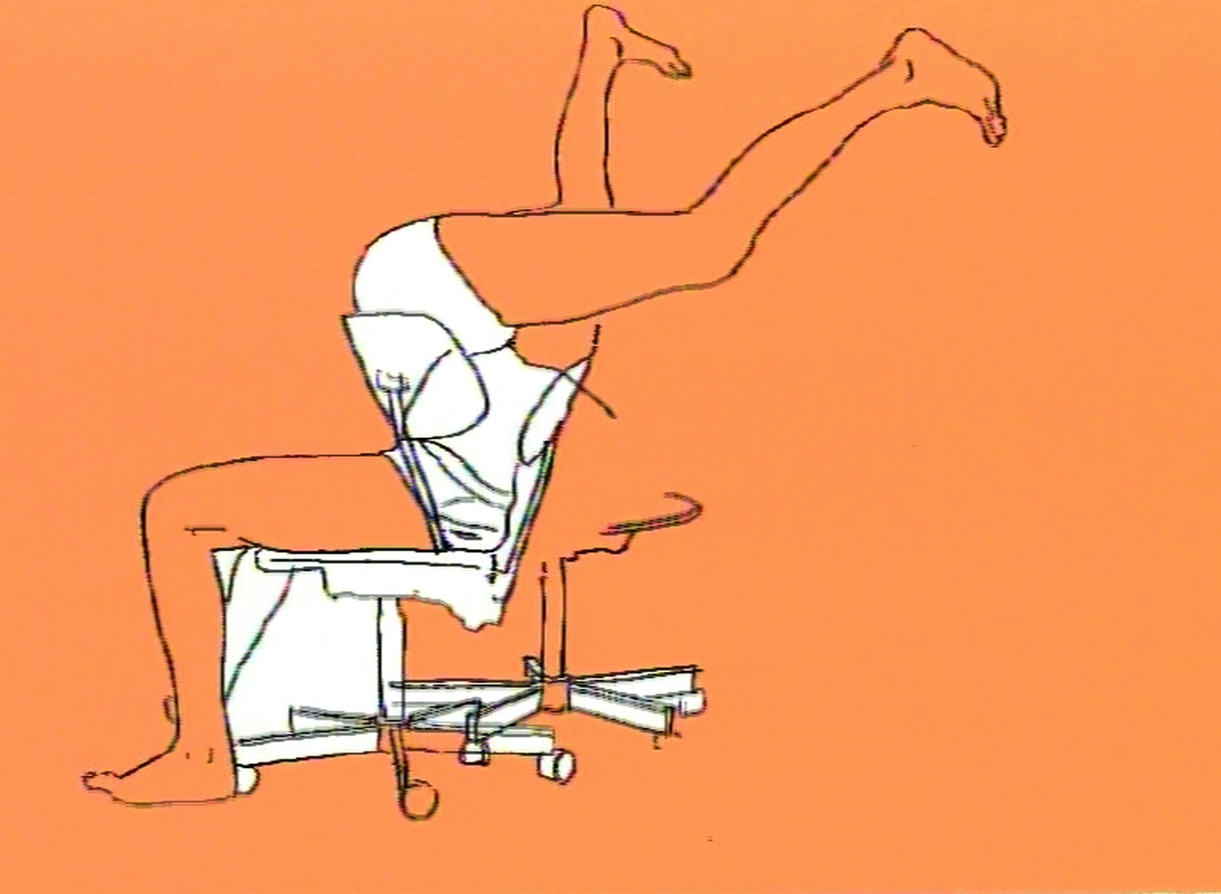 Image of a line-drawn animation of two figures without heads sat on an office chair. The drawing is in black and white and they are set against an orange background.