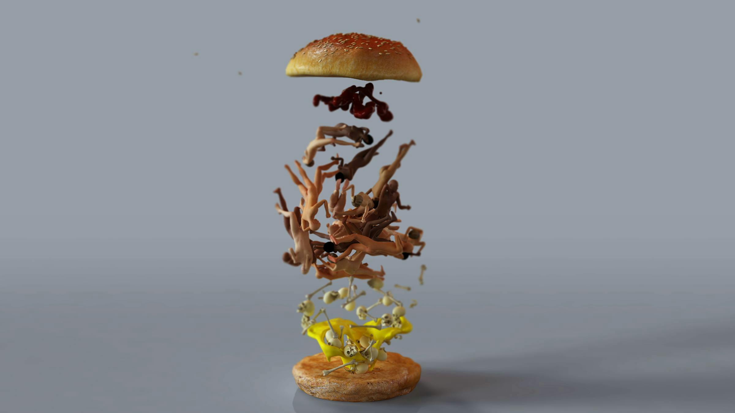 a digitally rendered image of an exploded view of a hamburger where the meat is made of human figures and bones