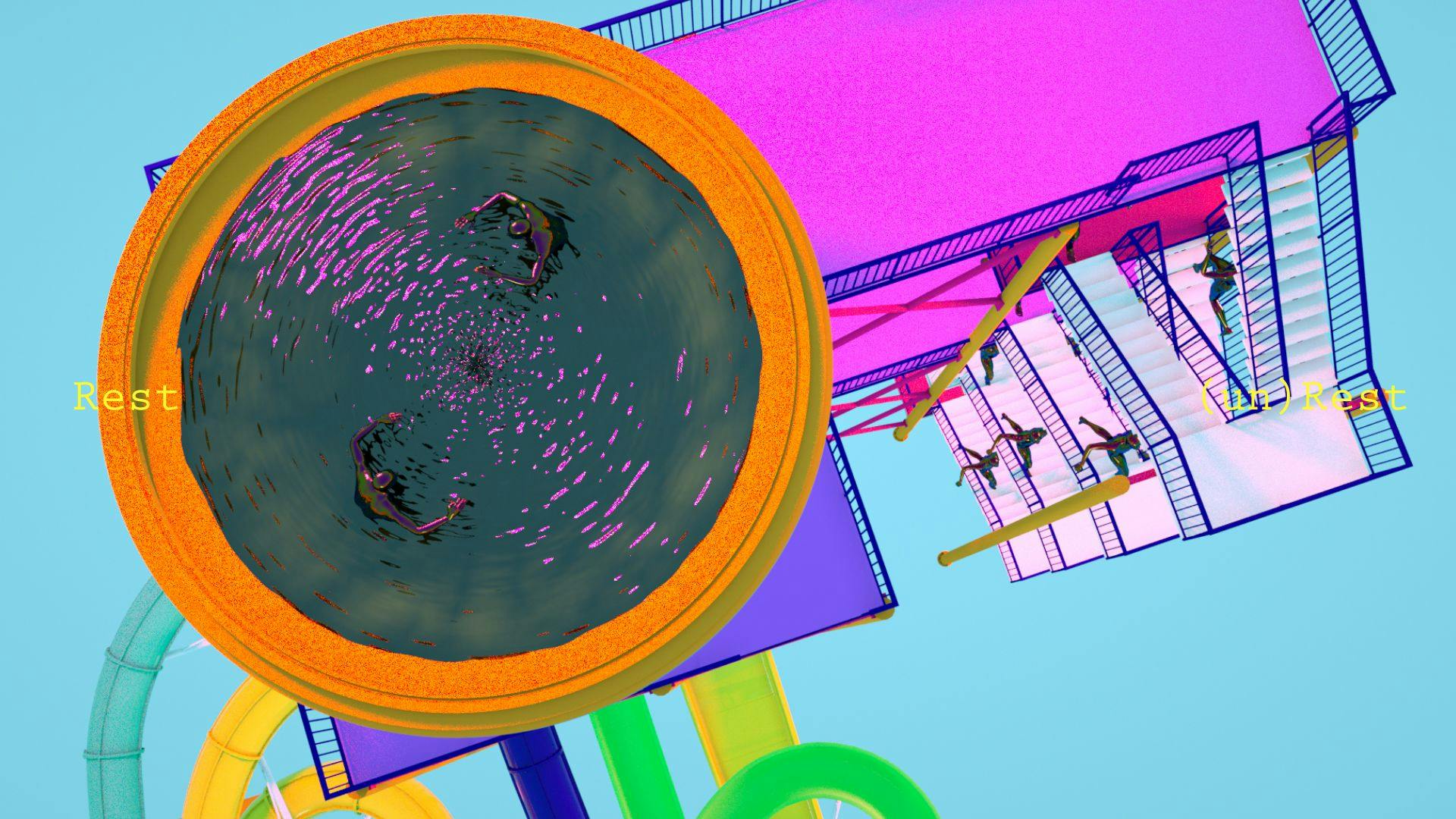 a digitally rendered image of the aerial view of a round swimming pool that is raised from the ground with 2 people swimming in it. The colours of this image are fluorescent. There is a staircase on the right hand side and water slides on the left hand side of the image. The background is turquoise 