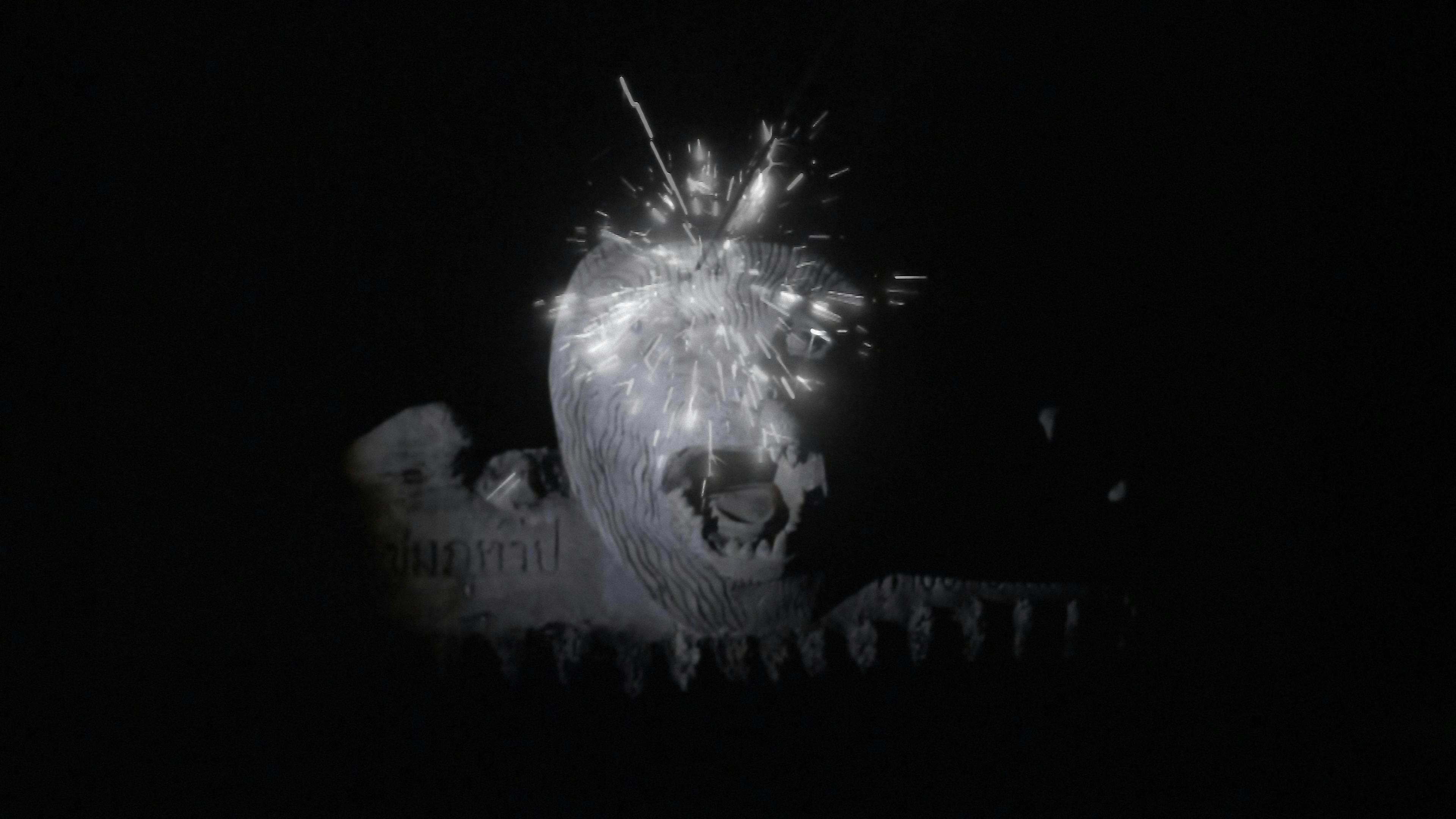 A black and white image of what appears to be a sea creature floating in black space. It has what appear to be fireworks of light radiating from its forehead