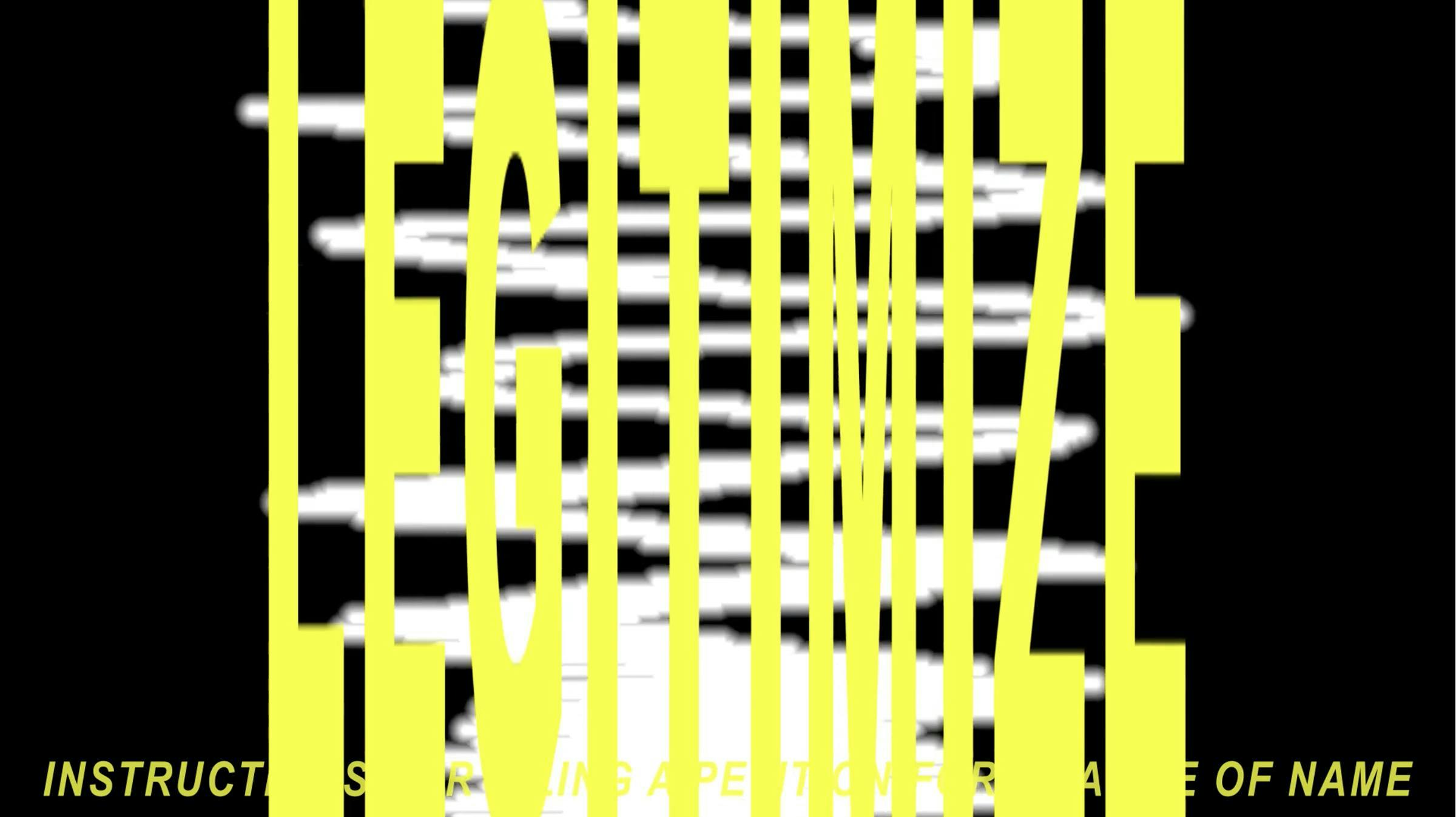 an image of yellow text 'LEGITIMIZE' sits on top of a white visualization of sound. The background is black.