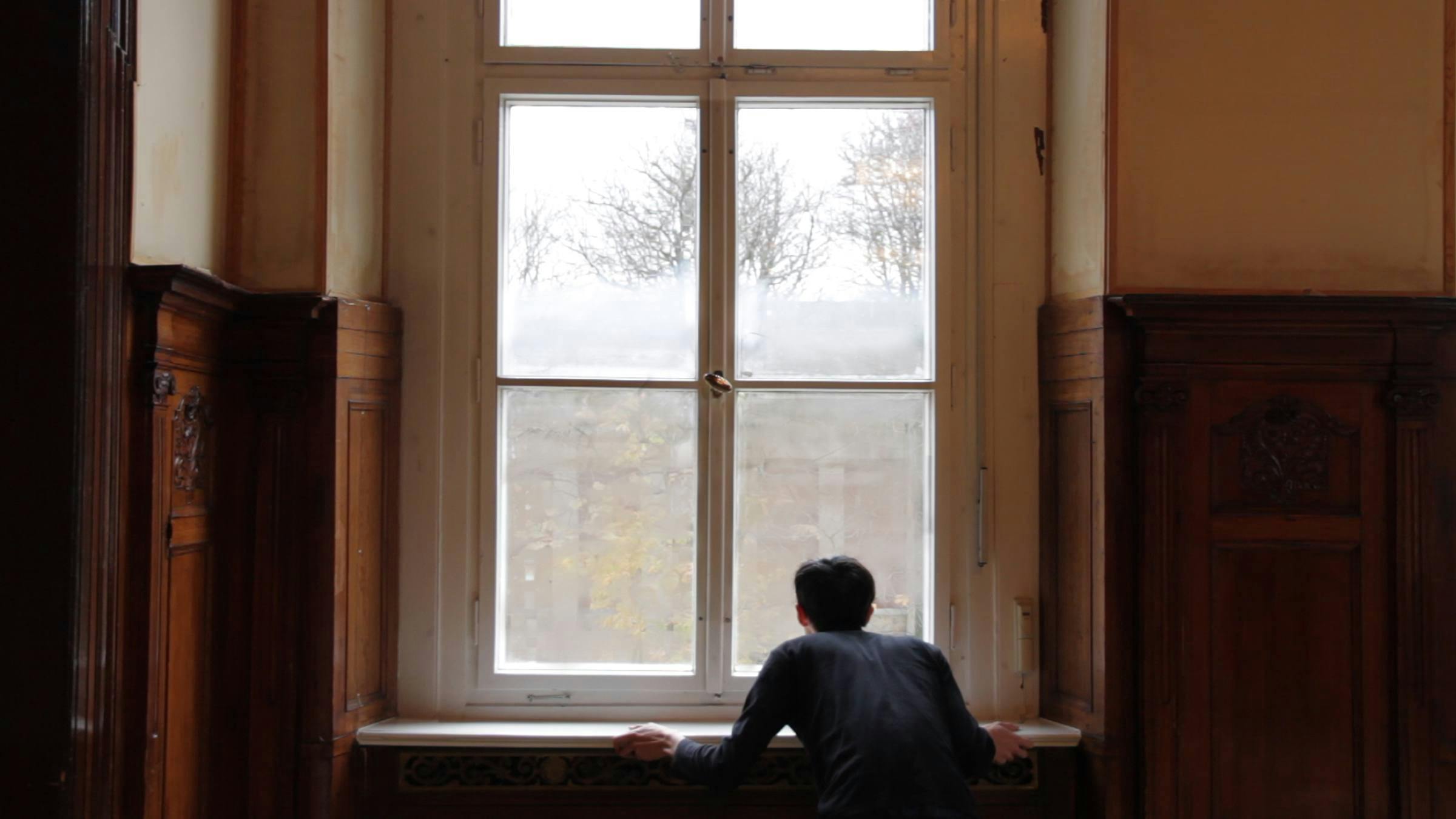 an image of the artist standing at a window 