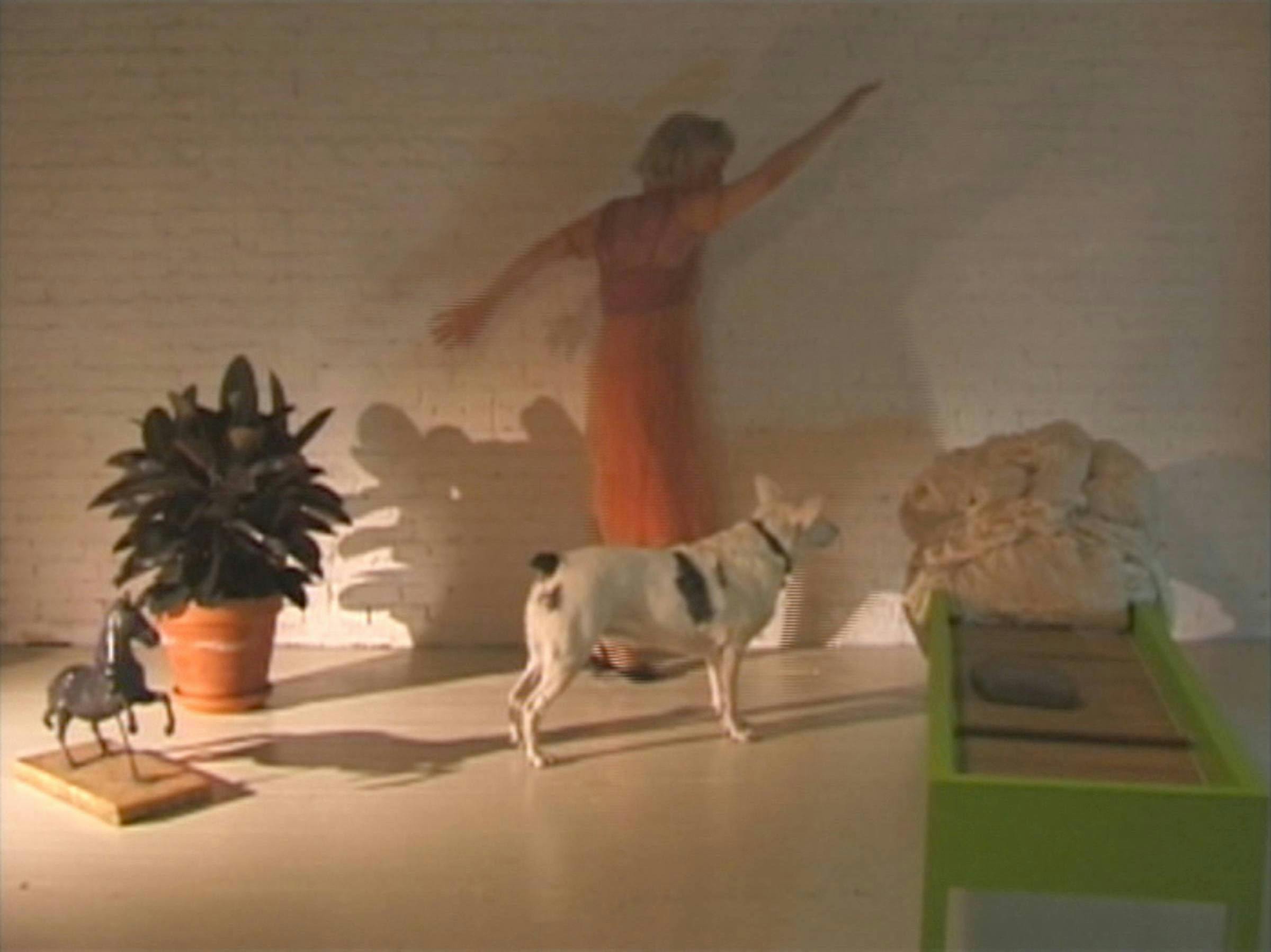 the artist is dancing in a white room. She is wearing an orange dress. There is a dog in front of her, a plant behind her and a green bed to her right. We can also see a statue of a horse in the foreground
