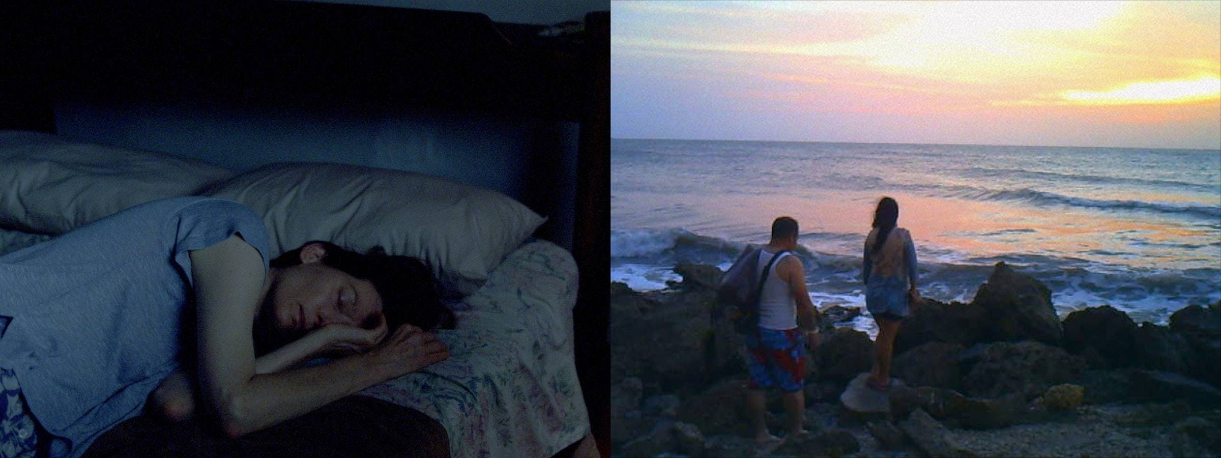 A split screen projection. On the left we can see a person sleeping, on the right 2 peole are walking over some rocks on the beach at sunset