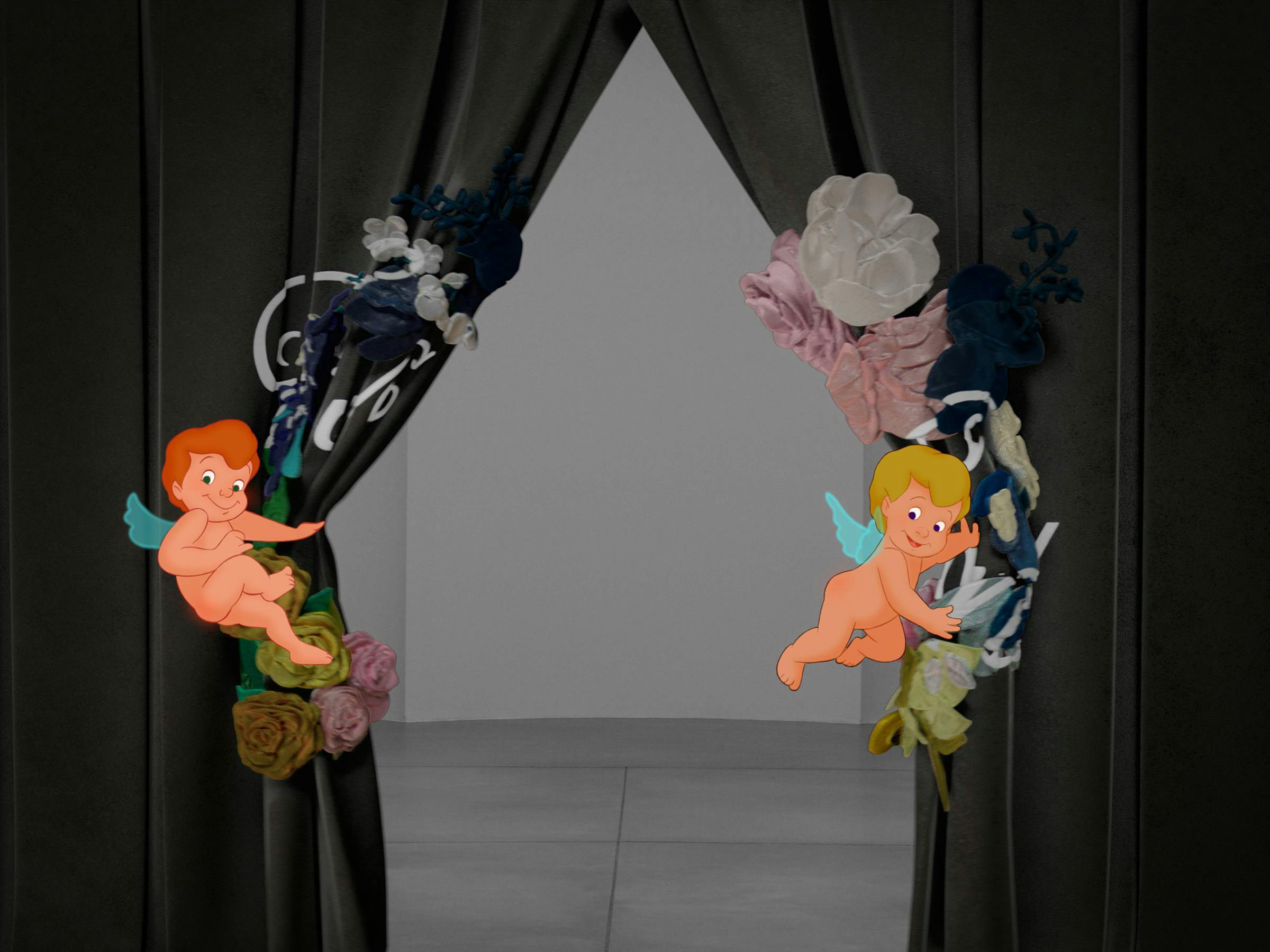 2 animated cherubs hold open a grey curtain to reveal an empty gallery space.