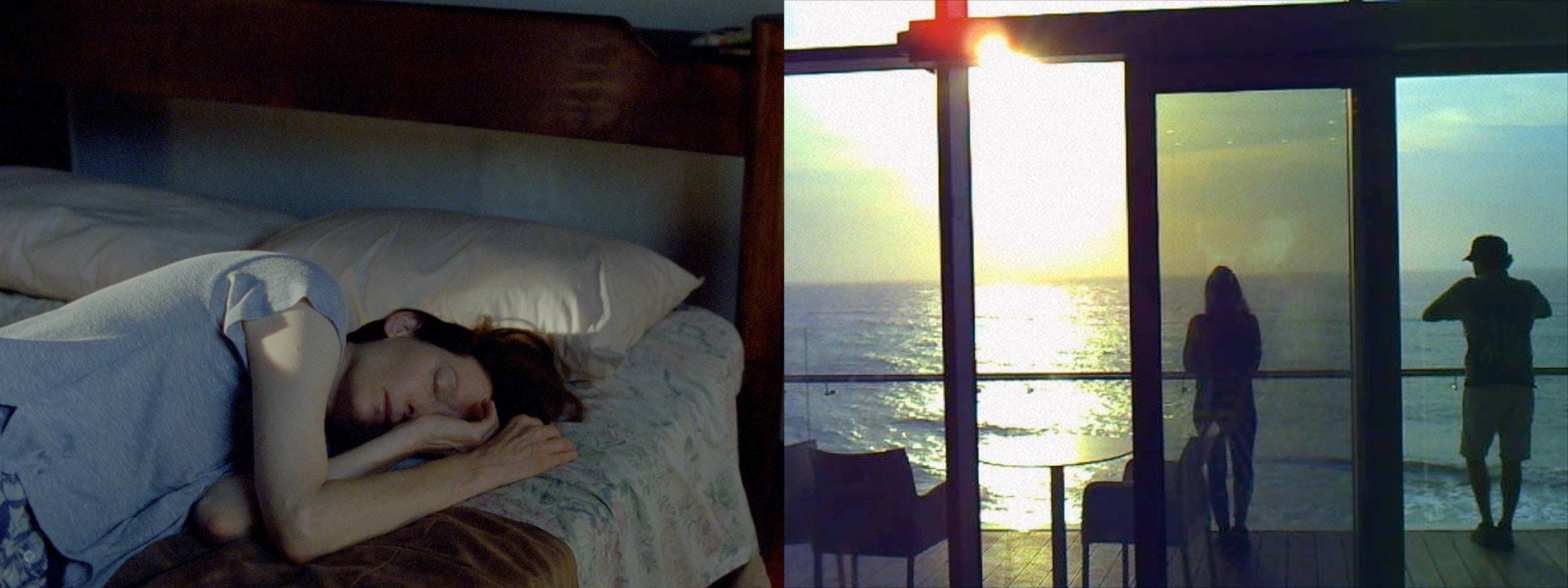A split screen projection. On the left we can see a person sleeping, on the right we can see 2 people standing on a balcony watching the sun set