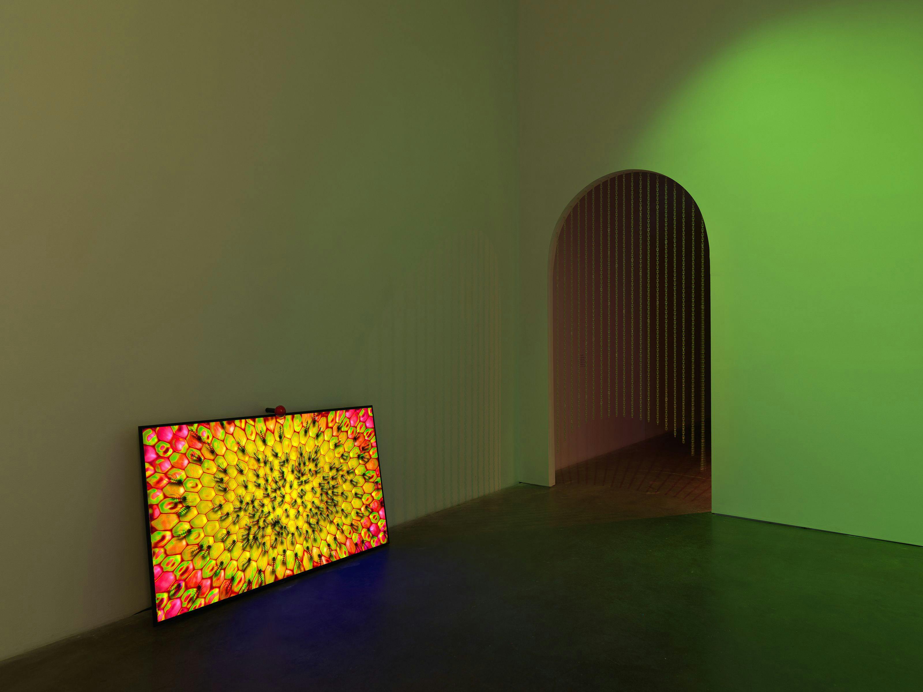 Image of a large TV screen leaning against a wall with an image on it. The TV is set in a green lit gallery space with an archway in the wall.