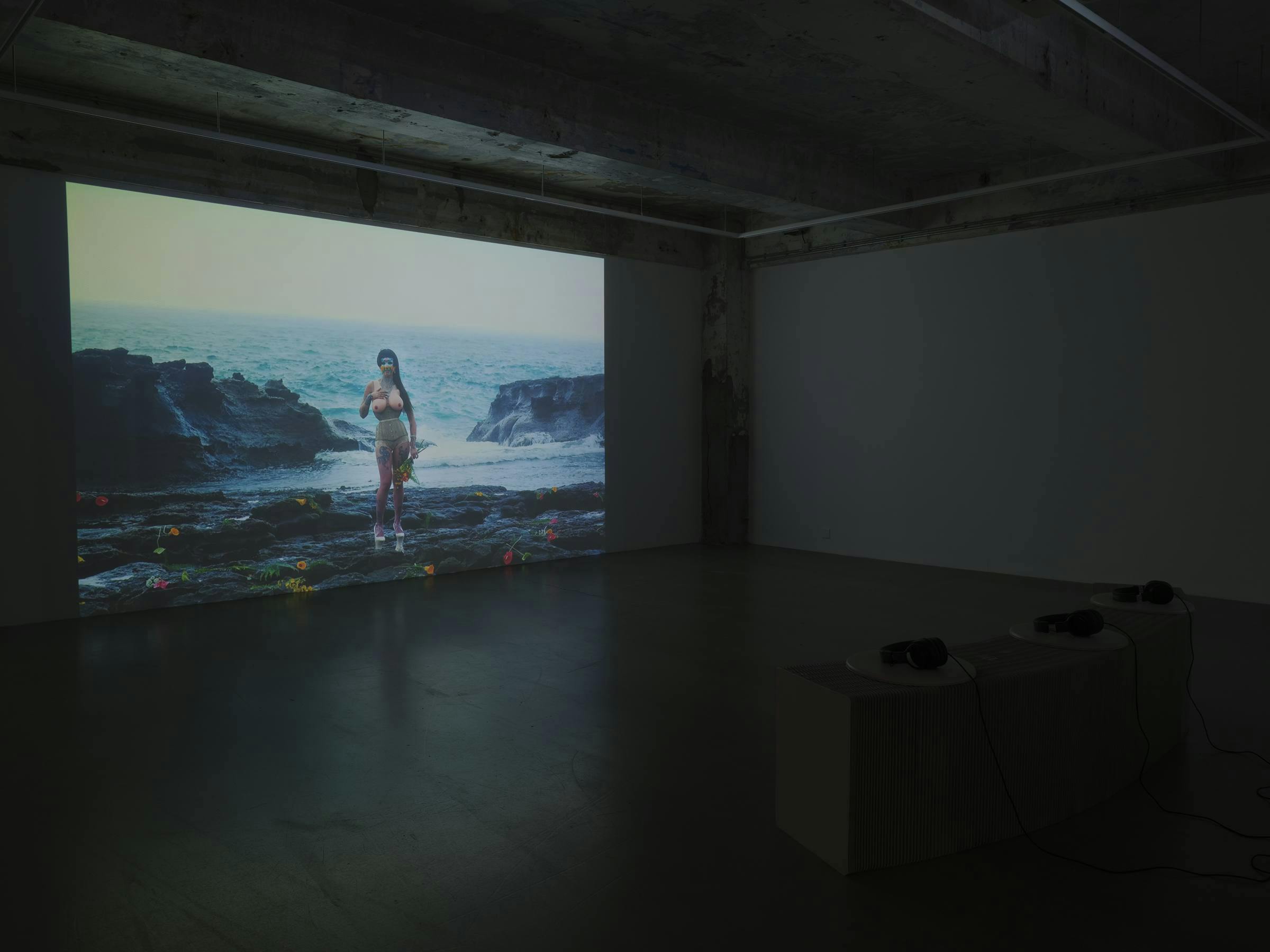 Image of a video being shown in a gallery space with benches opposite.