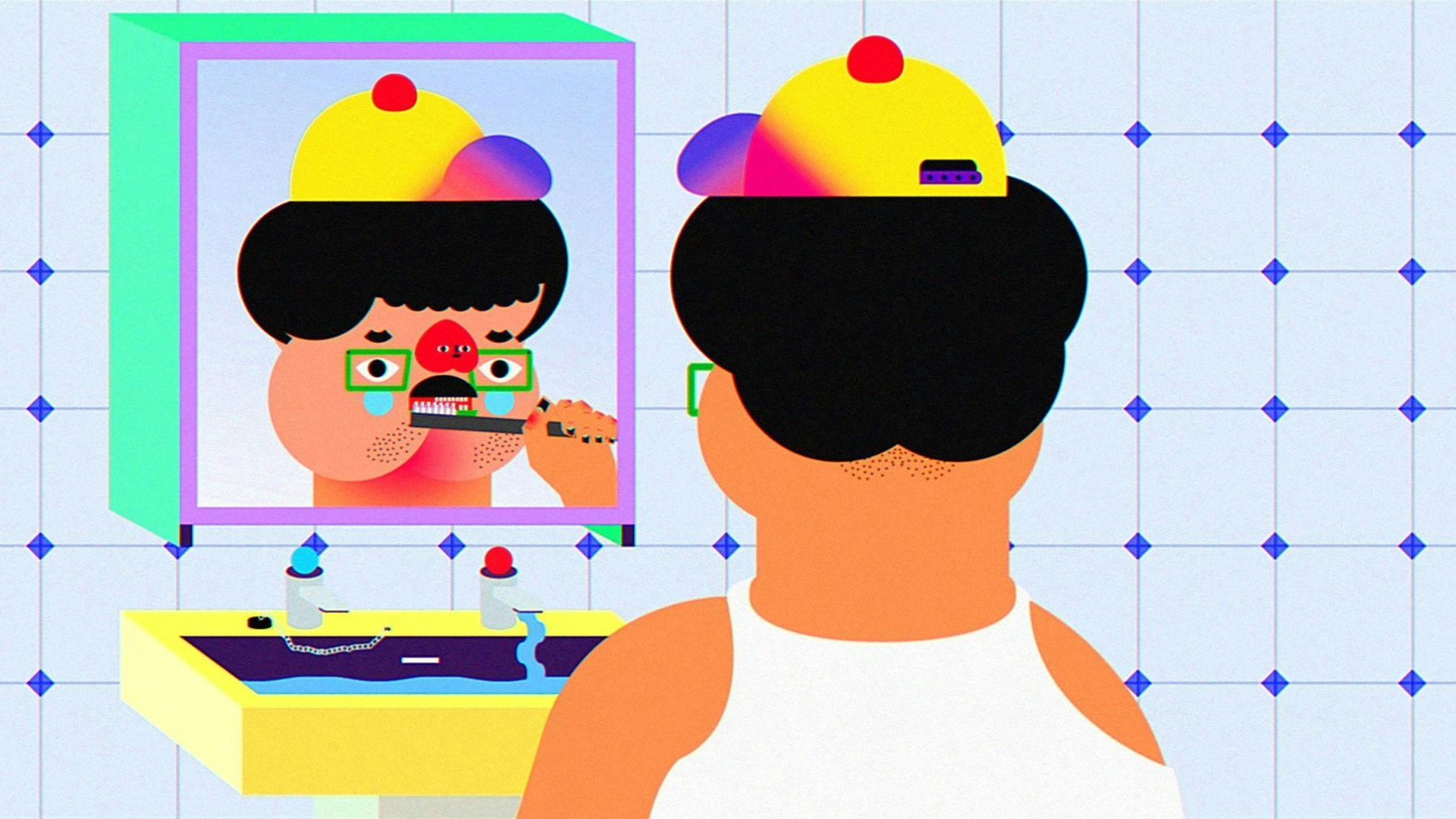 Computer-generated, cartoon-like image of someone looking into the mirror as they brush their teeth. The tap is turned on and the sink is filling up.