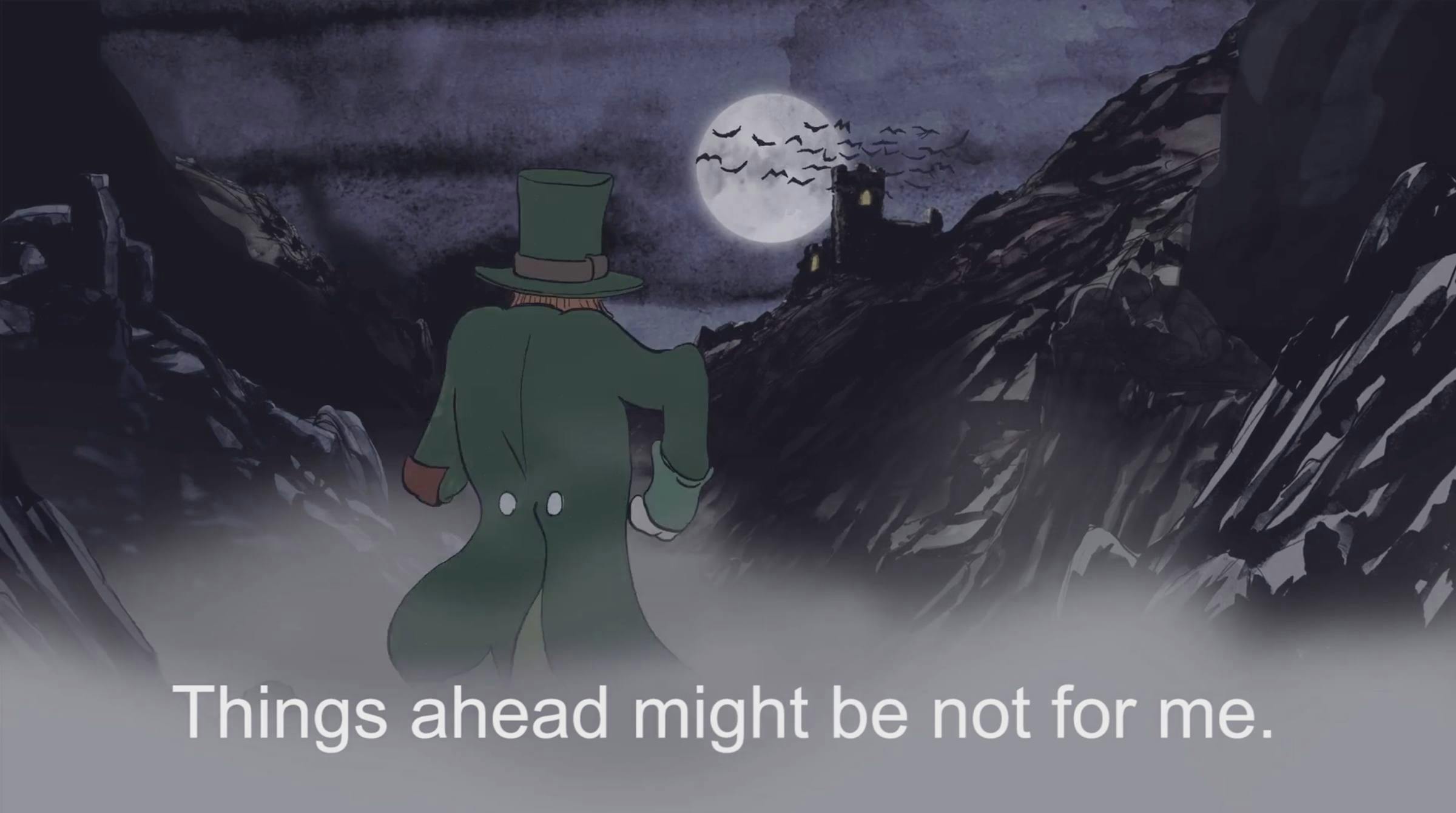 A comic-style image of a person wearing a green coat and top hat looking into the distance through a valley to a darkened building. The words 'Things ahead might be not for me.' are superimposed on top.