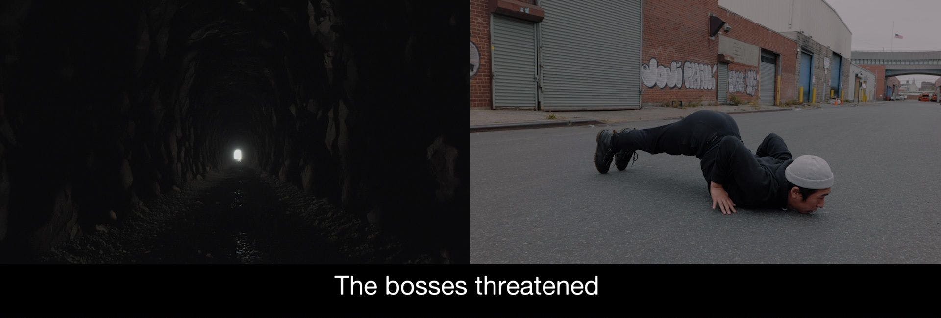 The left hand side of the image depicts a light at the end of a tunnel. The right hand side depicts an Asian man belly and face down in the street. They are wearing a white beannie hat. White text that says 'the bosses threatened' is visible along the bottom of the image.