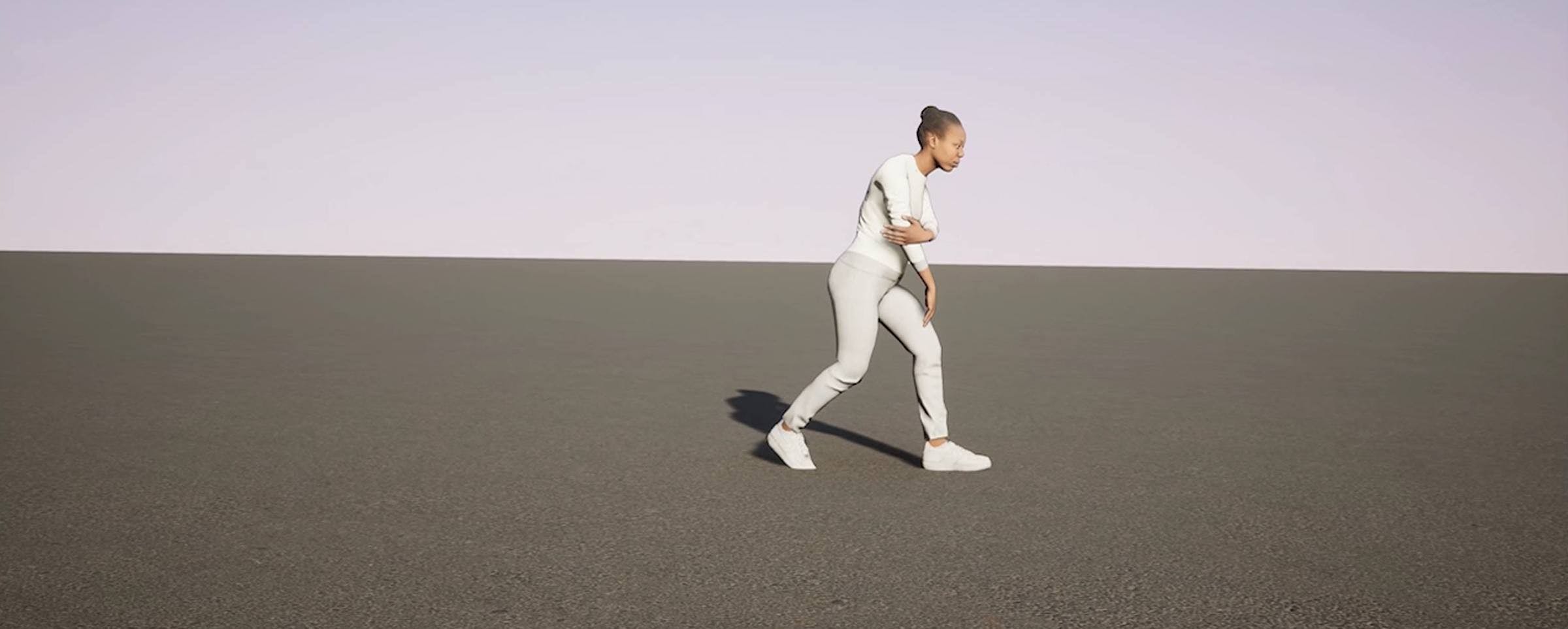 Computer-generated image of a person wearing white and grey clothes. They stand with one knee forward holding their upper arm, stood on tarmac.