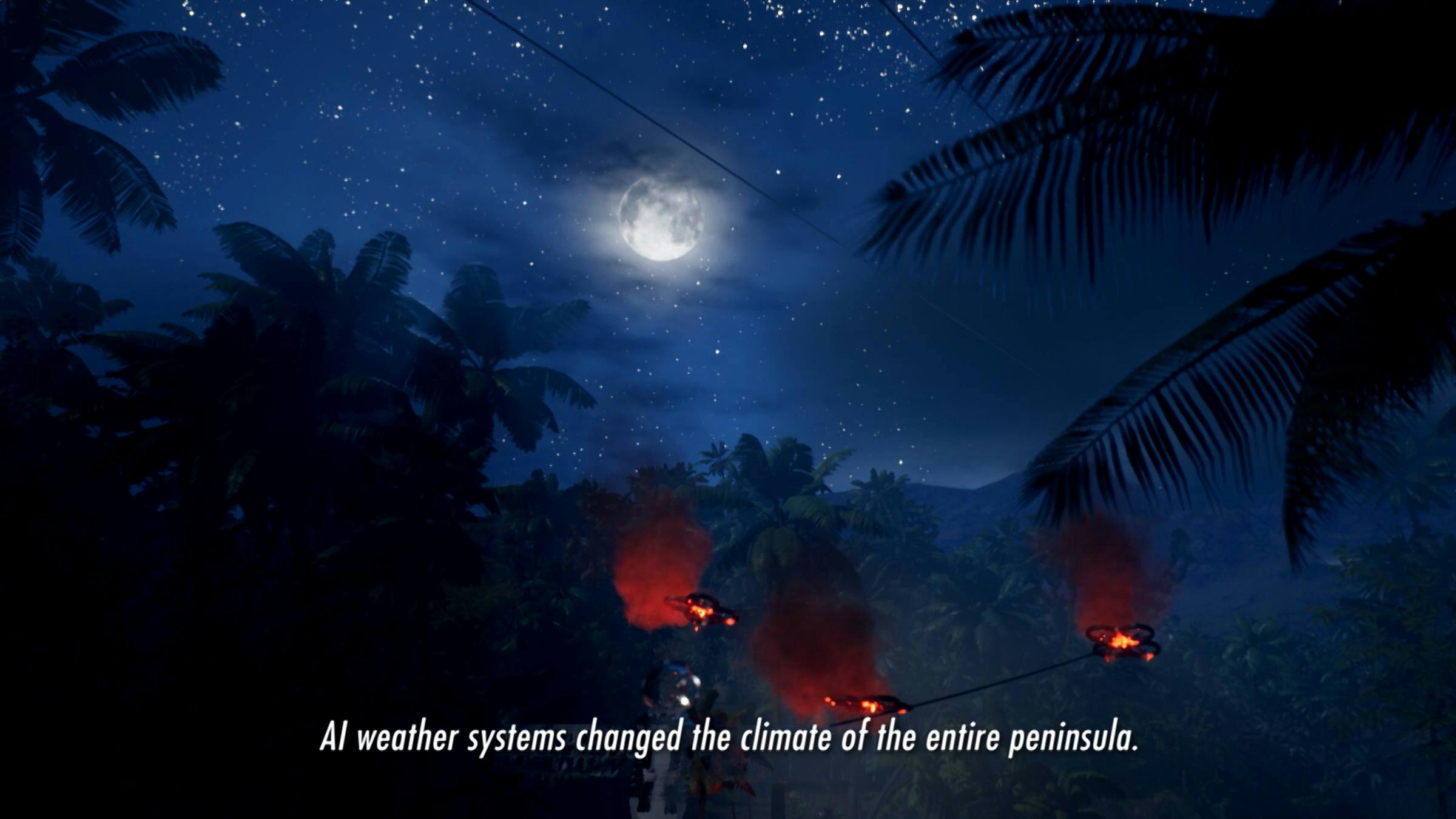 Computer generated image of the night sky with the moon poking through the clouds. In the foreground, there are three drone flying. The words 'AI weather systems change the climate of the entire peninsula.' are superimposed on top.
