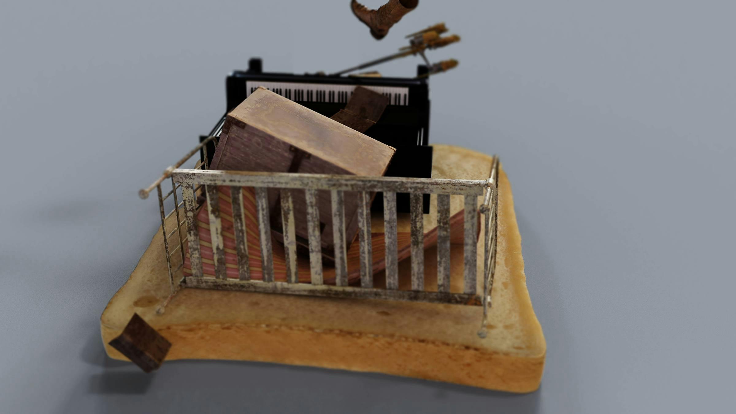 a digitally rendered image of a keyboard, bed frame, cowboy boot and other objects landing on a piece of toast