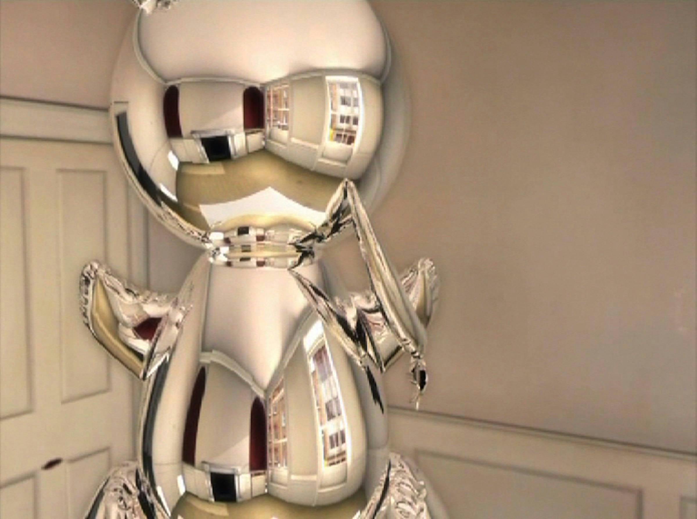 a digitally rendered image of a close up of a stainless steel Jeff Koons' rabbit on top of a plinth in a domestic room. You cannot see reflections of the camera in the stainless steel surface of the rabbit