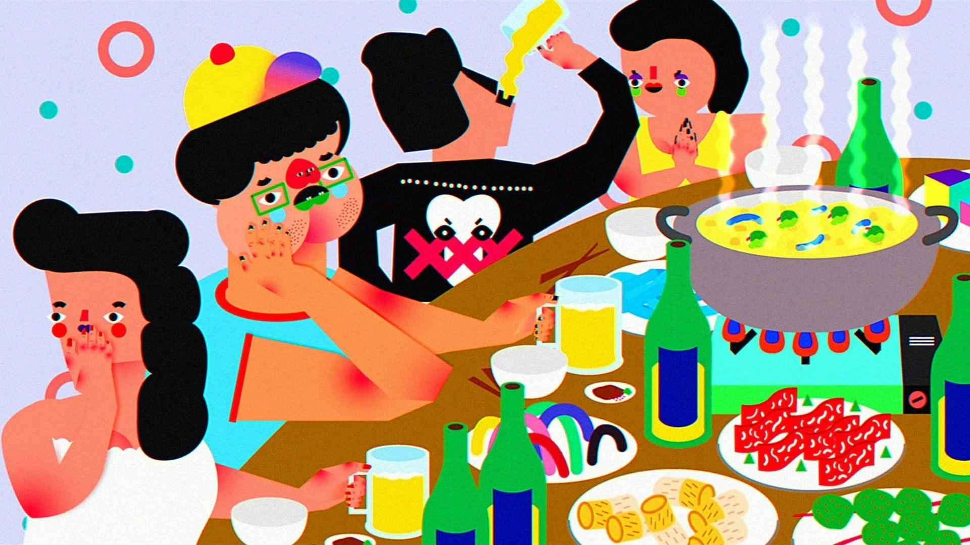 Computer-generated, cartoon-like image of four people sat at a table with lots of food and drink laid on it. The people are socialising or looking off into the distance.