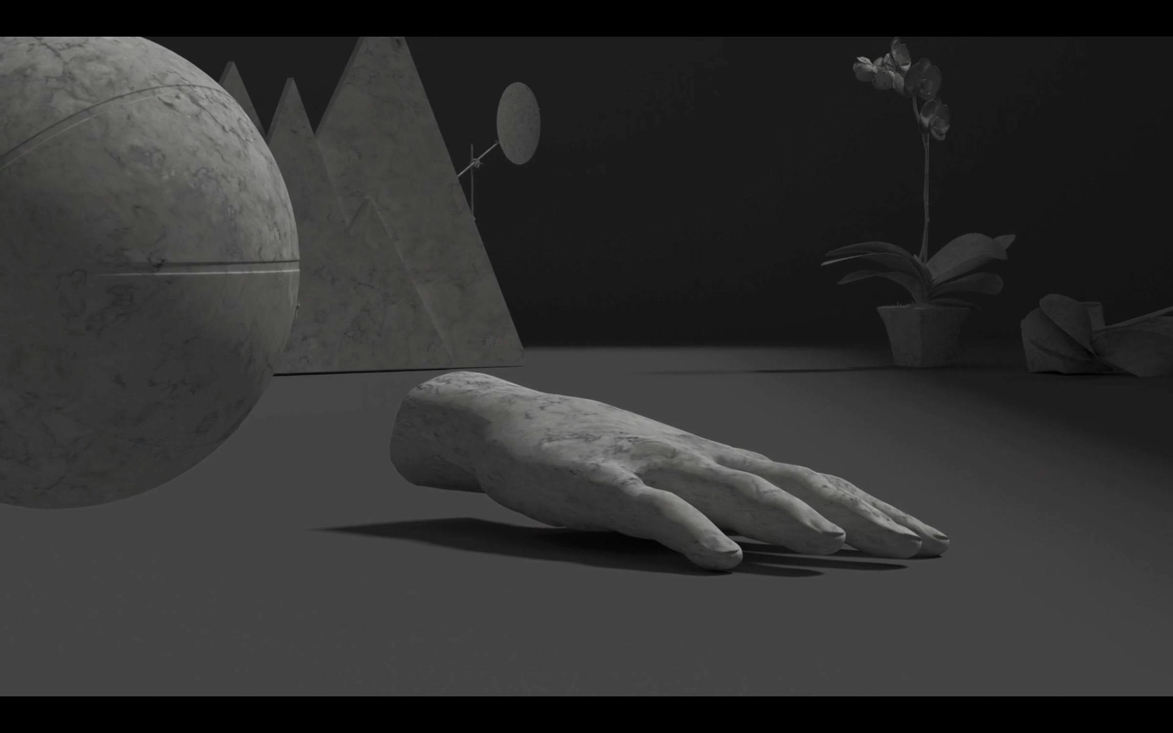 a digitally rendered black and white image of a disembodied hand, pyramids, flowers in pots and sphere. There is a surreal element to this image