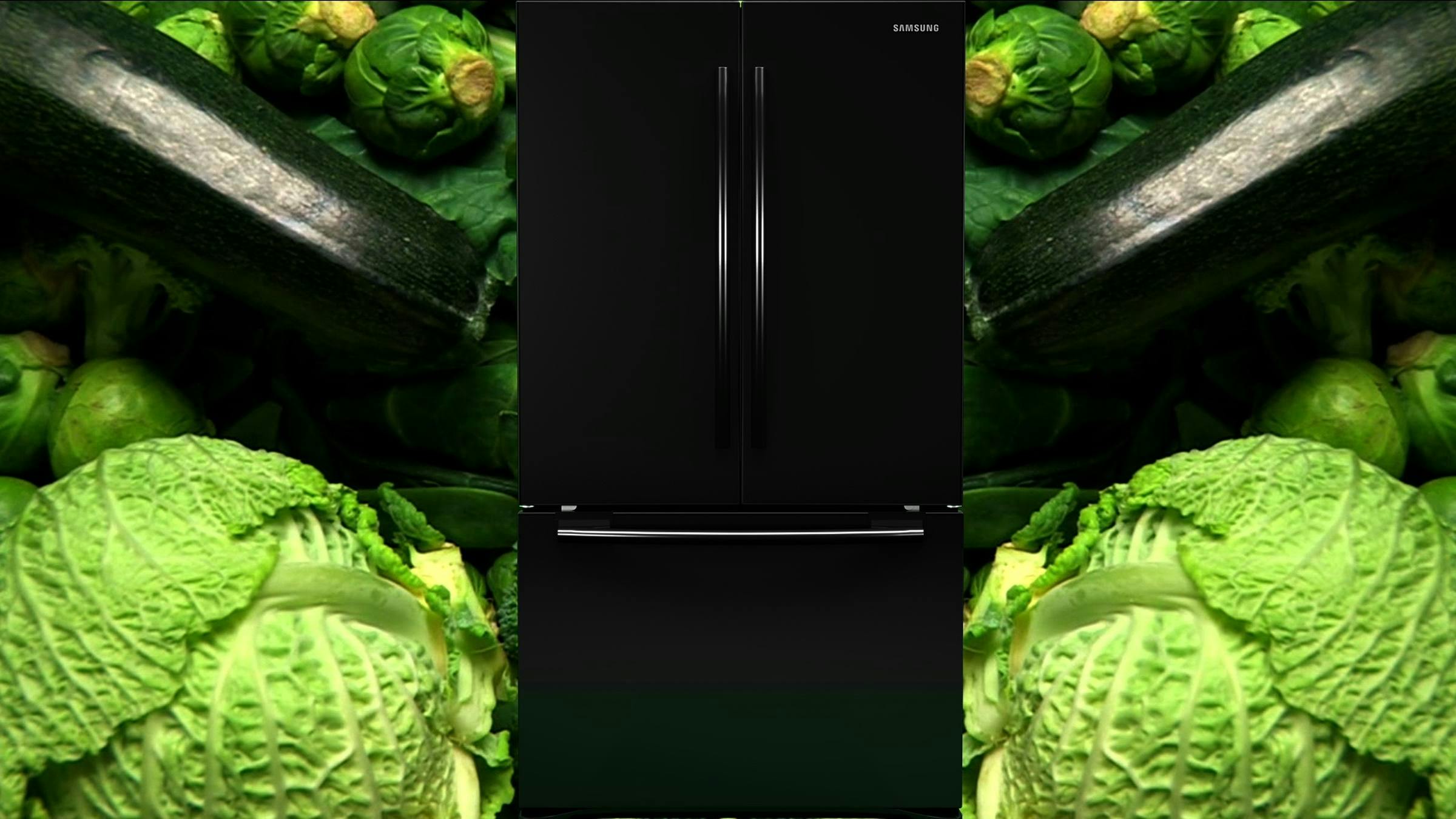a digitally rendered image of a fridge that has large cabbages, courgettes and Brussel sprouts either side of it