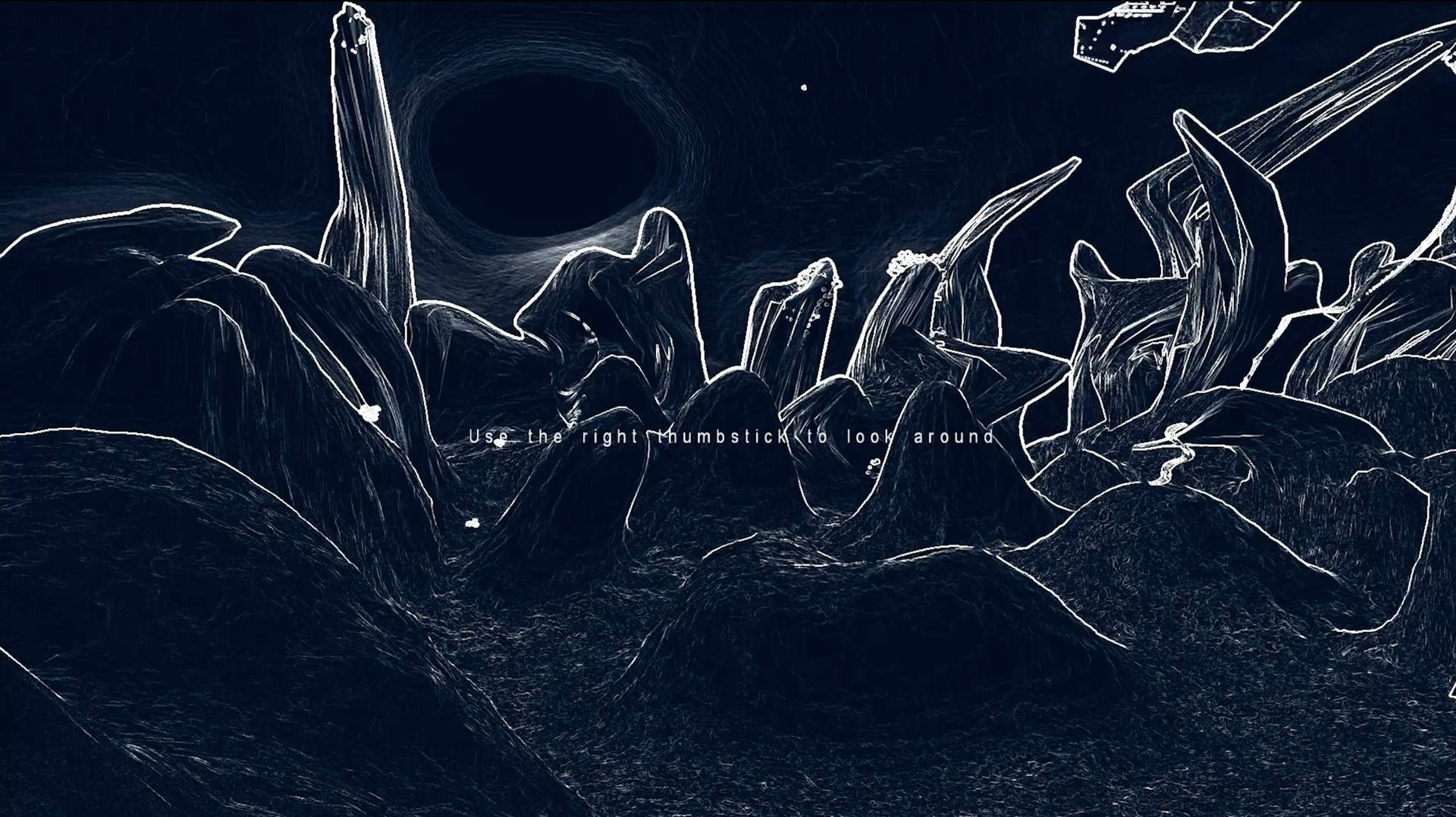 Image that looks like a drawing, white lines on a dark blue background of a surreal mountain scape. The words 'Use the right thumstick to look around' are superimposed on top.
