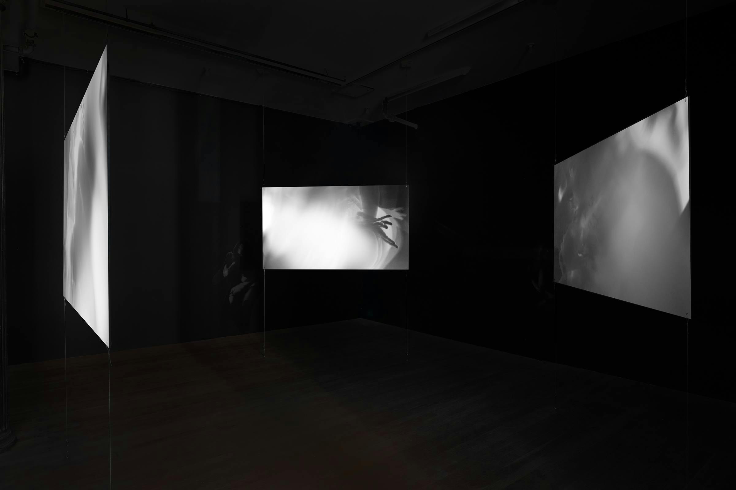 Three monochrome projection panels float in a dark room.